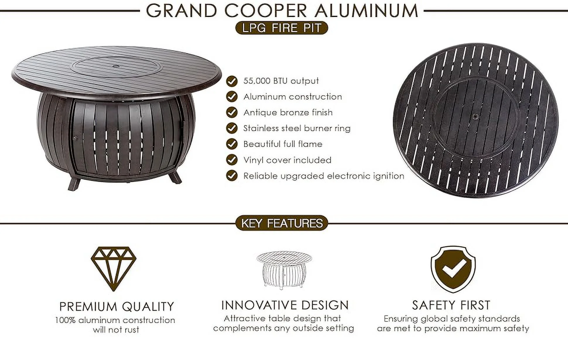 Fire Sense Copper Aluminum Gas Fire Pit Table Multi-Functional with Fire Bowl Lid, Bronze Finish-44