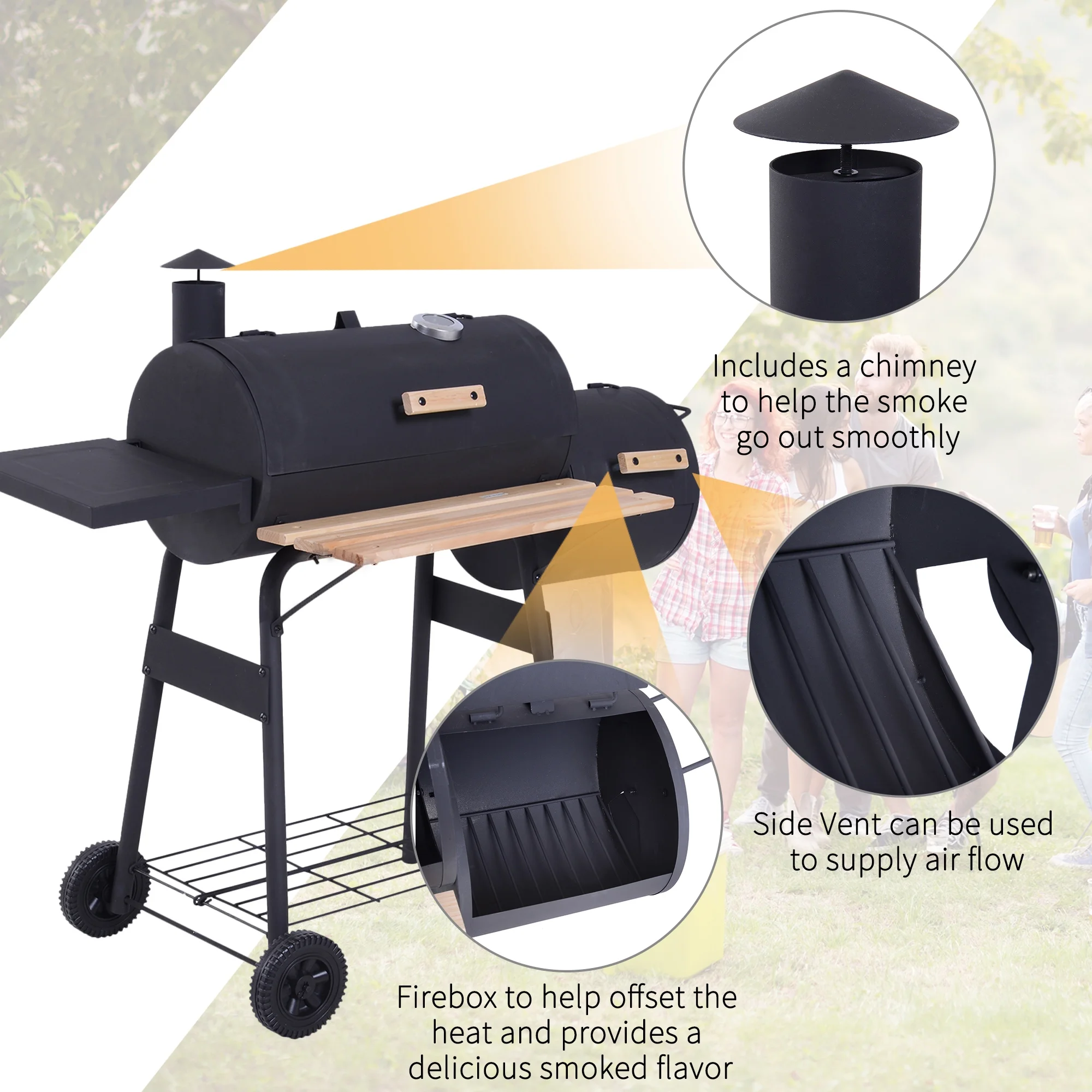BINUFF  Portable Steel BBQ Grill & Offset Smoker Combo Wheels 48