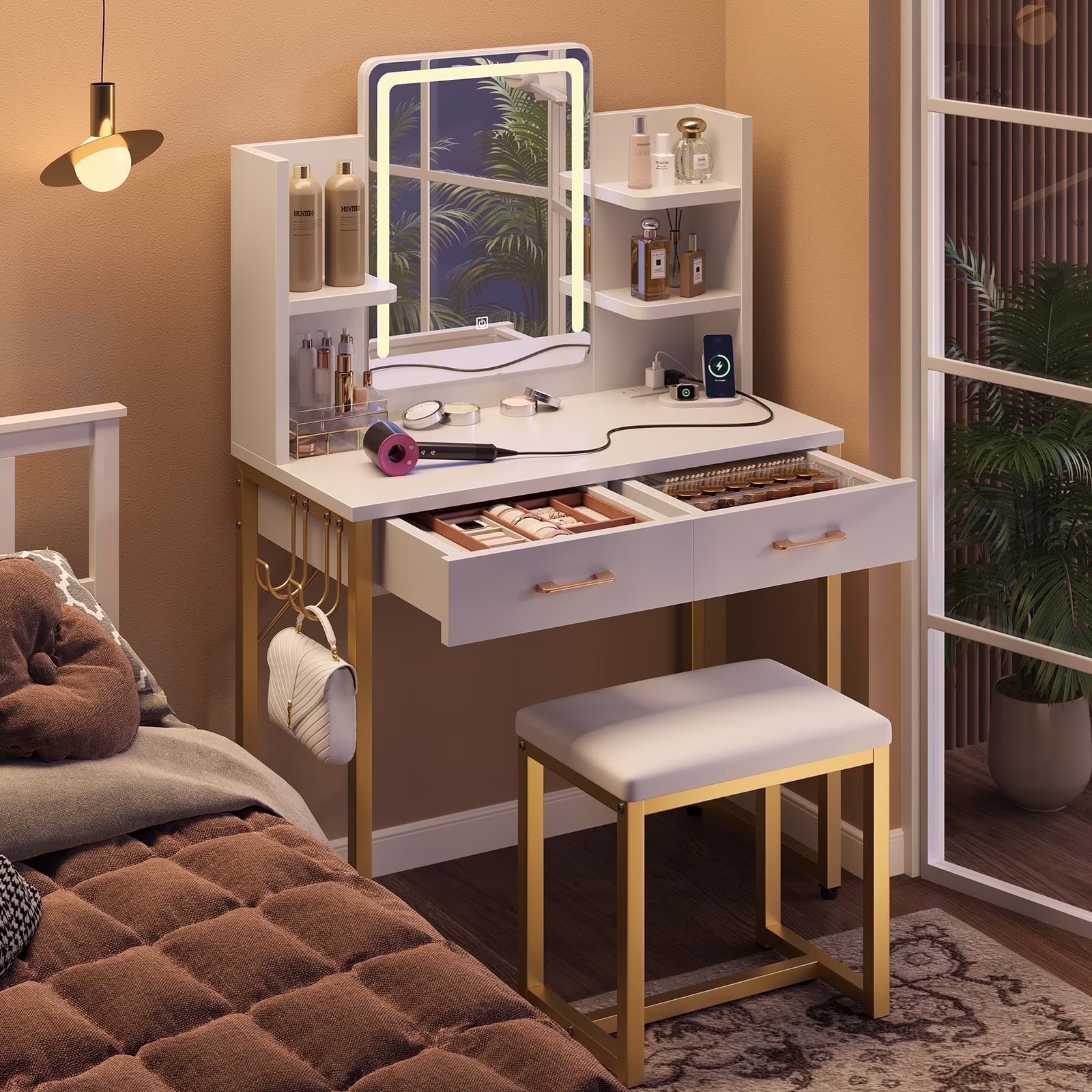 Bestier Makeup Vanity Set with Mirror and Lights, Vanity Desk with Drawers, Power Outlet & Cushioned Stool, Vanity Table for Bedroom,  Black