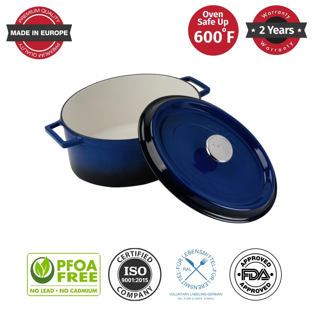LAVA 6.75 Quarts Cast Iron Dutch Oven: Multipurpose Stylish Oval Shape Dutch Oven Pot with Three Layers of Enamel Coated with Trendy Lid (Blue)