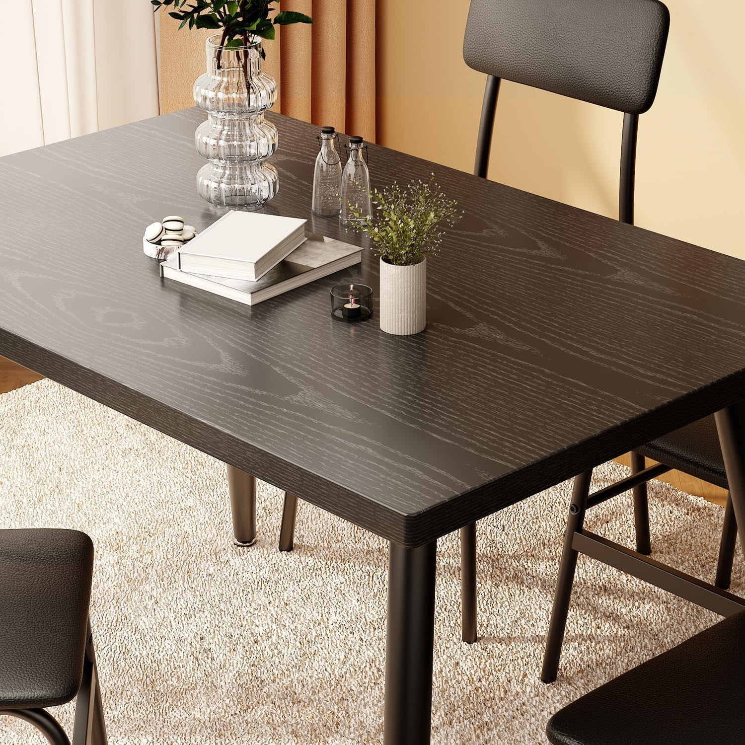 Dining Table Set for 4, Lofka 5-Piece Modern Metal & Wooden Kitchen Table with 4 Chairs, Black