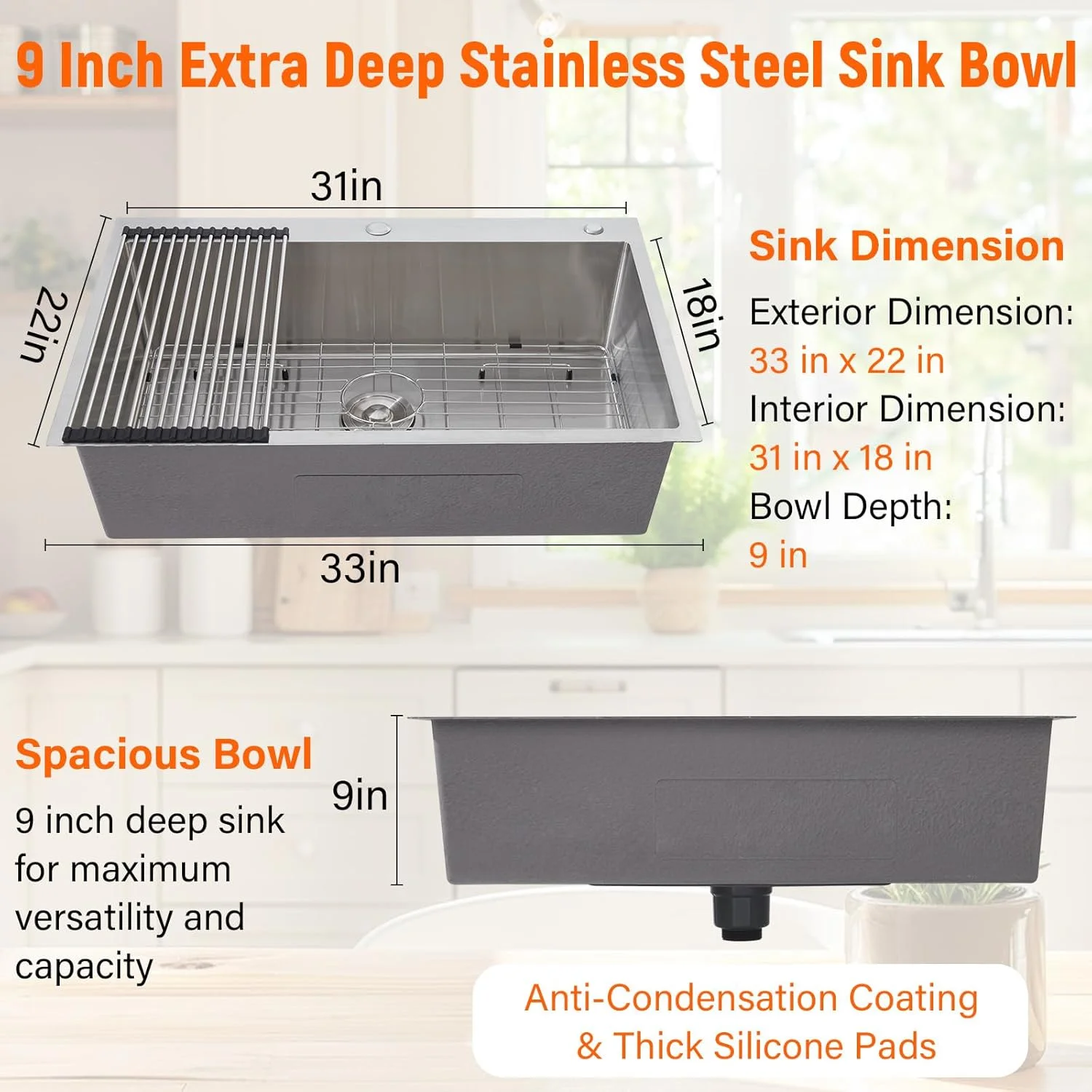 Garvee 33 x 22 Drop In Kitchen Sink, 16 Gauge Stainless Steel Topmount Deep Single Bowl Sink with Grid and Drain Strainer Set, Household Dishwasher Sinks for Workstation, RV, Prep Kitchen, Bar Sink