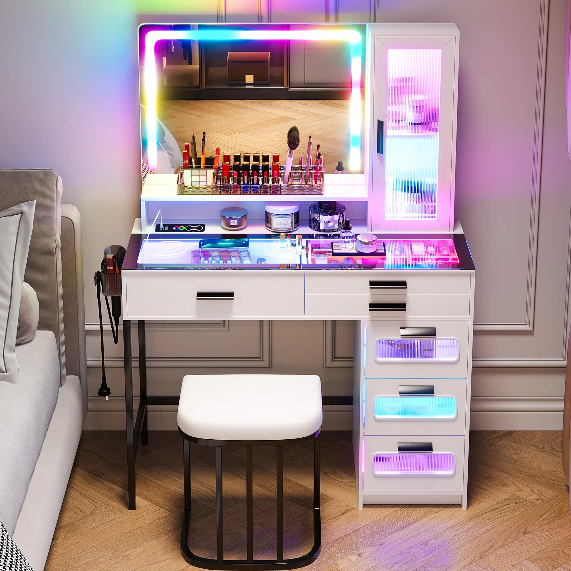 HNEBC Vanity Desk with Mirror and RGB Lights, Glass Top Makeup Vanity with Auto Sensor Lights and Wireless Charging, Vanity Table Set with Cushion Stool, Dressing Table with 6 Drawers (White)