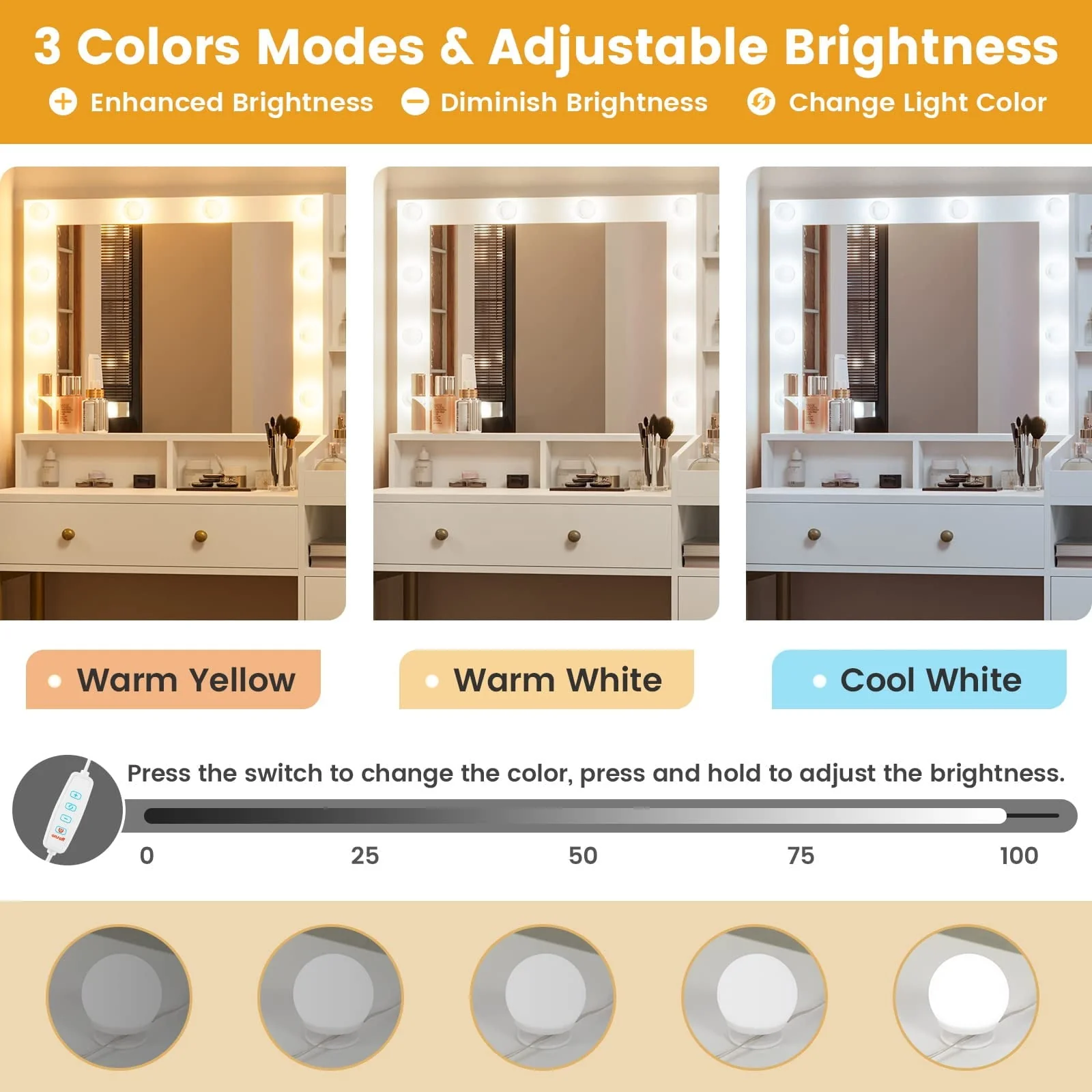 Vanity Desk with Mirror and Lights in 3 Colors,Vanity Makeup Desk with Lights and Drawers,White Vanity Table with Charging Station,Unique Separation Design