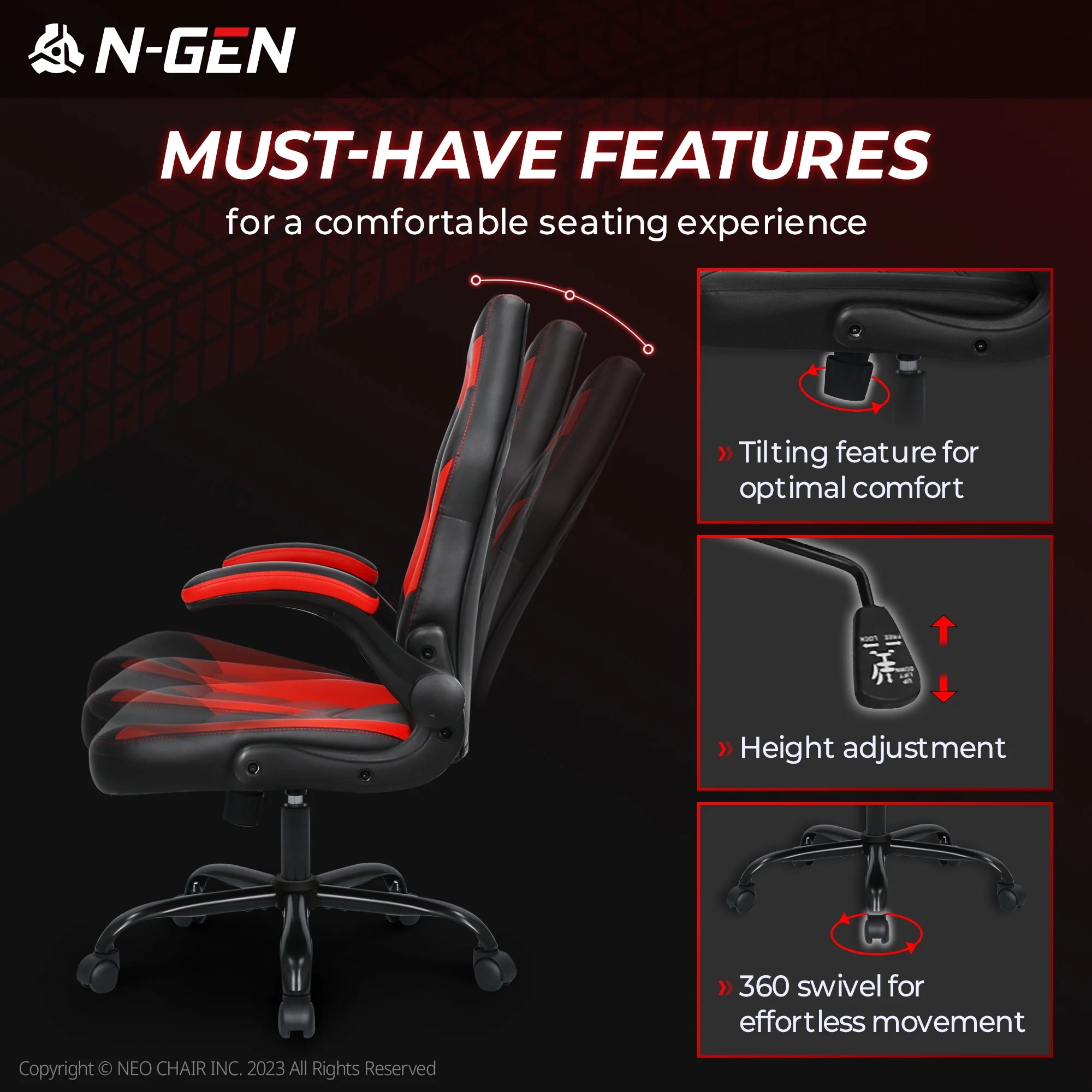 N-GEN Red Gaming Chair, Flip-up Armrest Computer Chair Ergonomic Office Chair PU Leather Desk Chair Executive Adjustable Swivel Task Chair