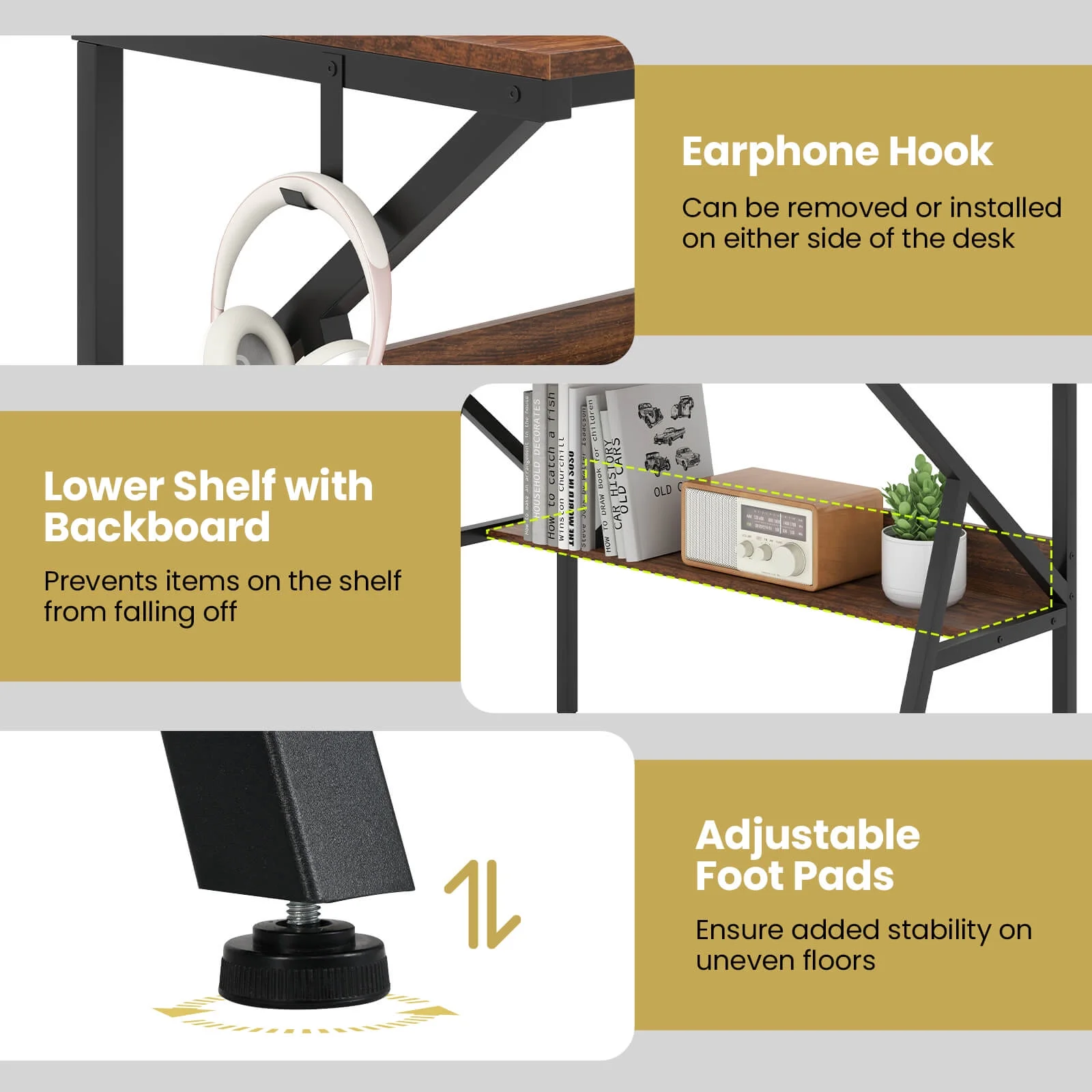 Costway Home Office Desk with Monitor Stand, Open Shelf & Metal Frame, Earphone Hook White