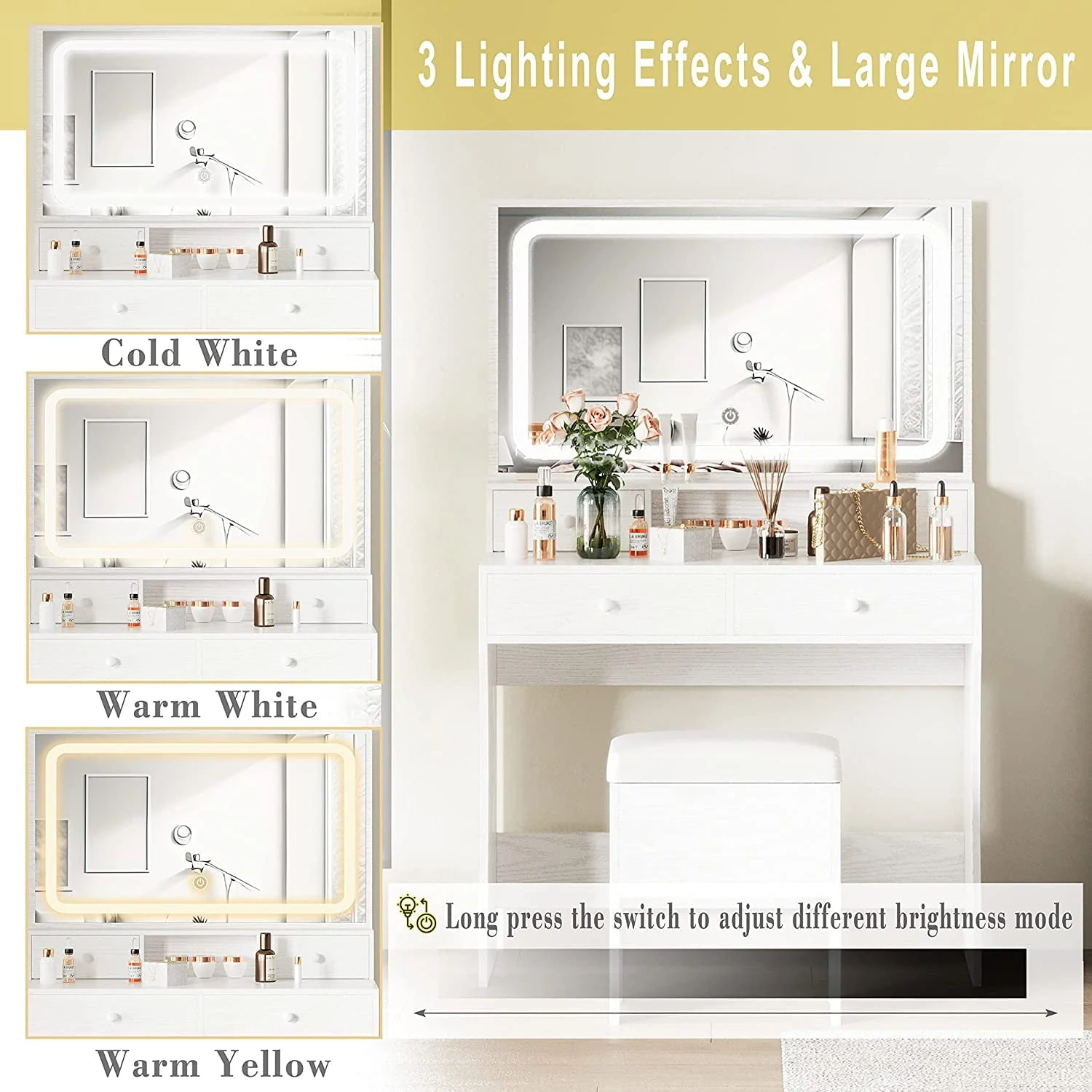 IRONCK Vanity Makeup Table Desk Set with LED Light Mirror & Power Outlet,  with 4 Drawers,Modern White