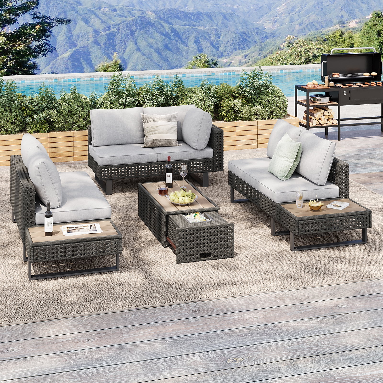 6-Piece Outdoor Sectional Furniture Set for Patio, Expandable Coffee Table w/ Ice Bucket & Collapsible Seat, Deep Cushions - Khaki