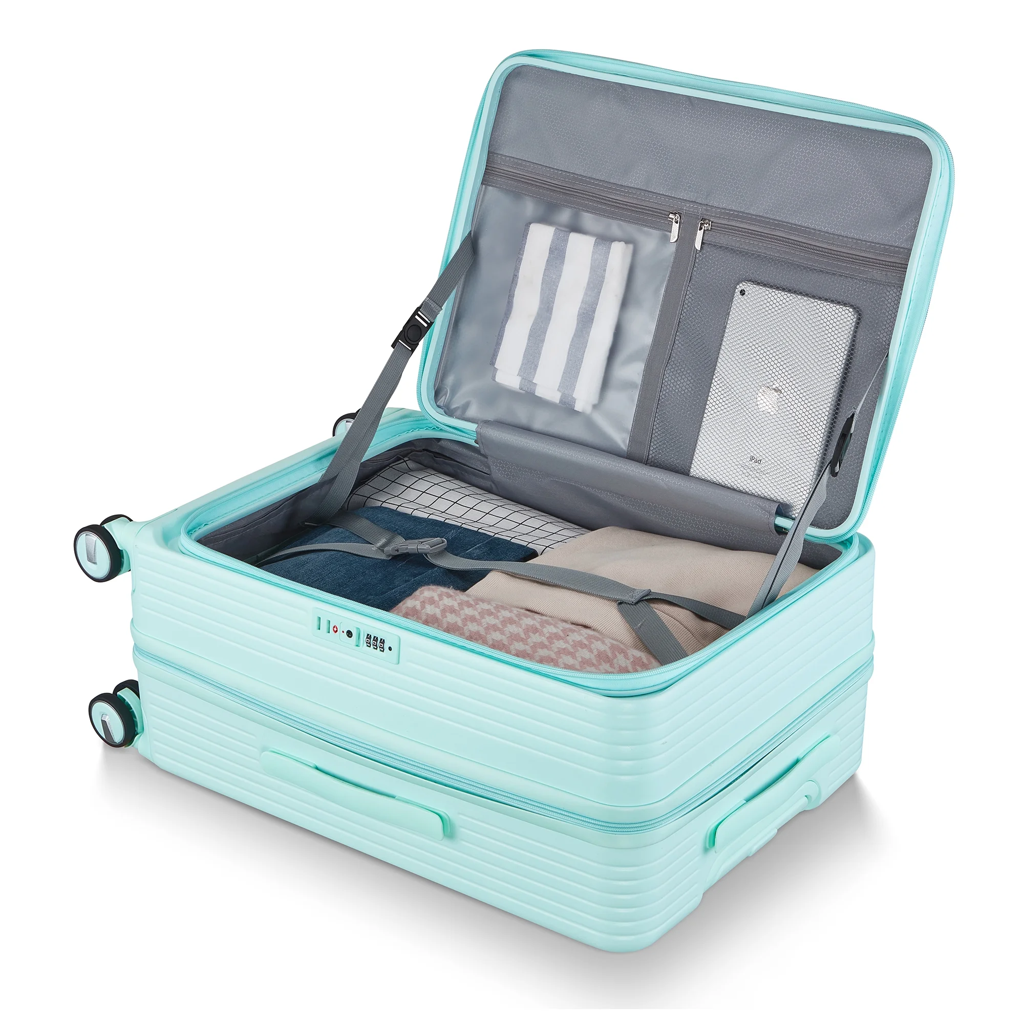 POWANLI 3 Piece Luggage Sets (20''24''28''), PC Hard Shell Expandable Lightweight Carry On Luggage, with Front Pocket and Spinner Wheels, TSA Lock, Airline Approved(Mint Green)