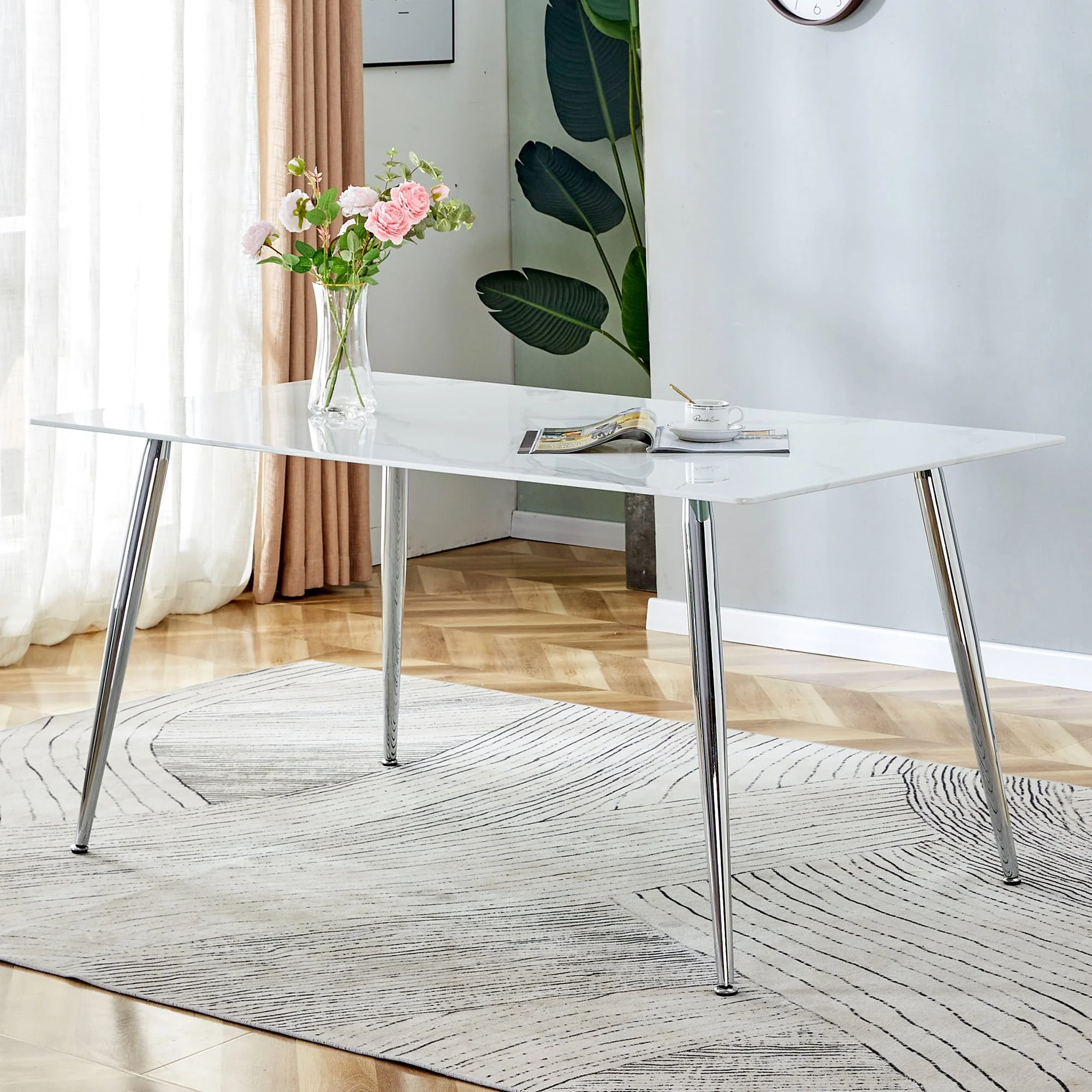 PWOPWOE Modern Minimalist Rectangular Glass Dining Table with 0.4 