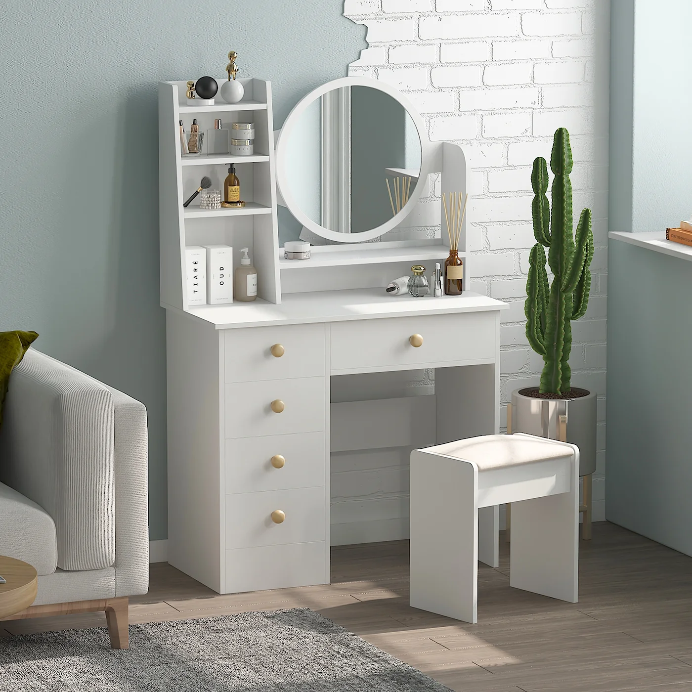 KULAGAGA Vanity Table Set with Light Mirror, Makeup Table with 3 Storage Shelves & 5 Drawers, Dressing Vanity Tables with , Dresser Desk for Girls, Women, White