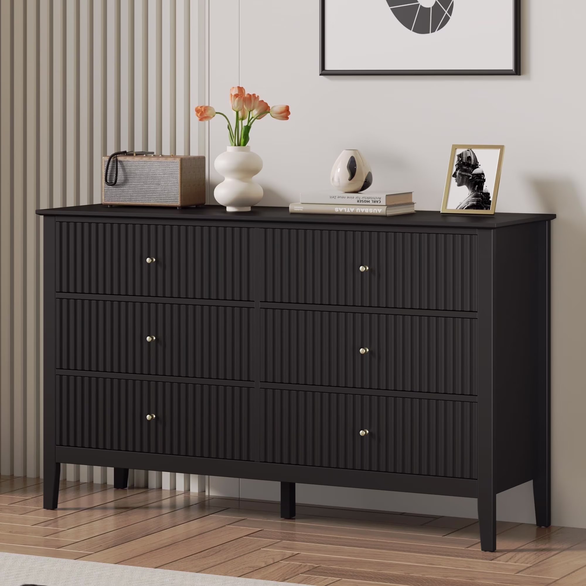 May Color Large White 3 Drawer Dresser Set of 2 with Fluted Panel, Modern Chest of Drawers with Silent Slide Drawers, Wood Accent Nightstand with Storage for Bedroom Living Room, Hallway