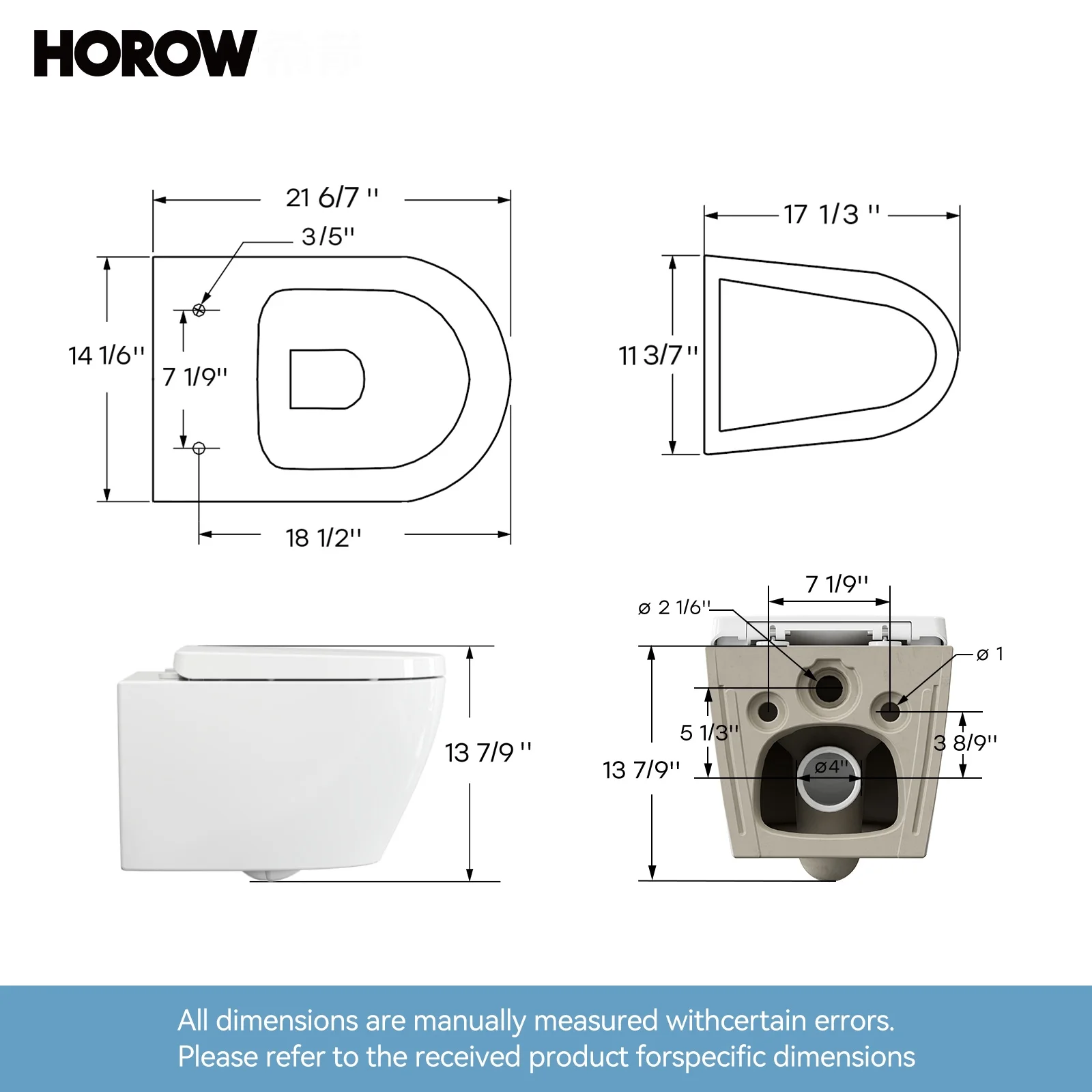 HOROW Wall Hung Toilet,with Soft Closing Seat,Round Floating Bowl, Rear Outlet Space Saving,White