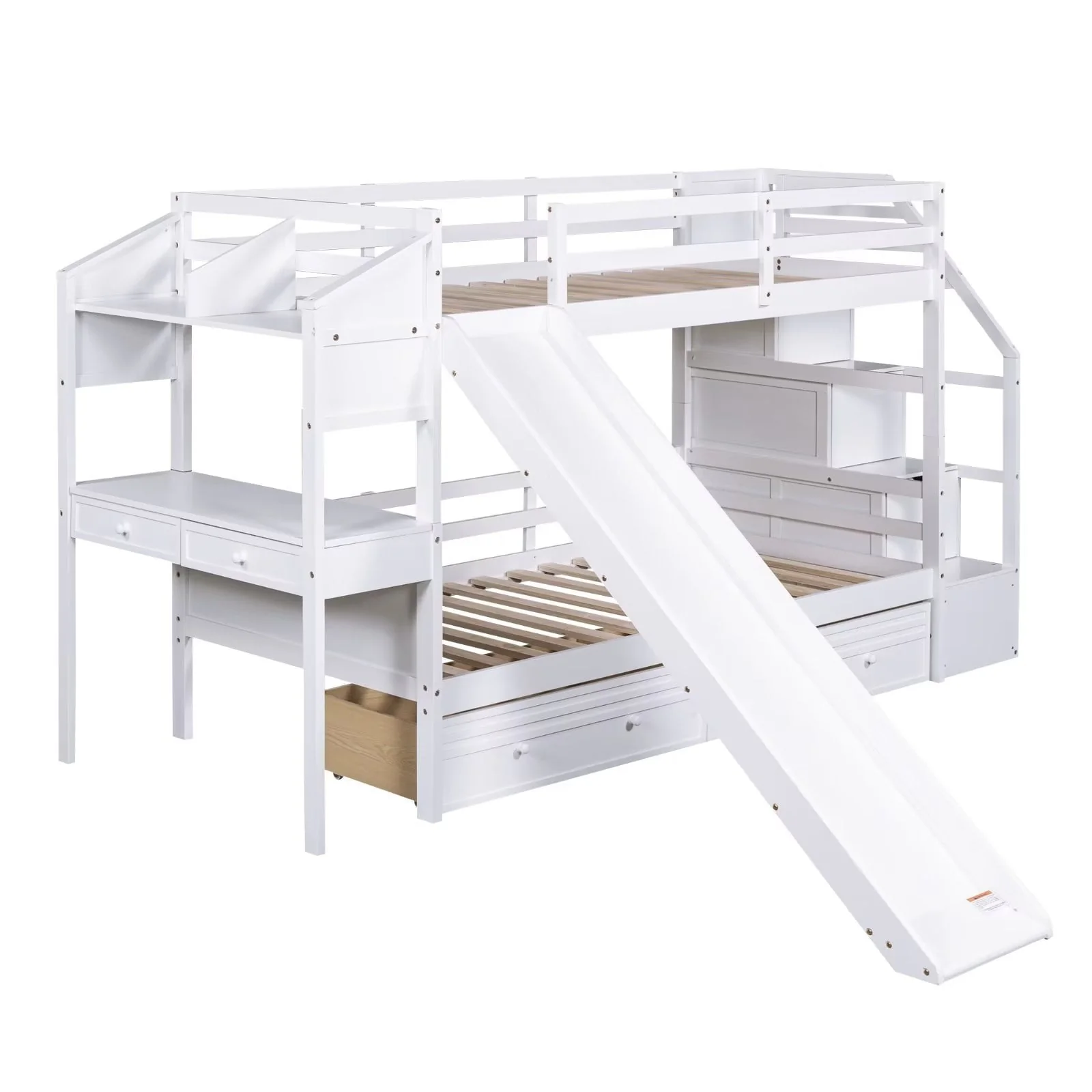 Twin over Twin Bunk Bed Frame with Storage Staircase, Slide and Drawers, Desk with Drawers and Shelves, Multifunctional Wooden Platform Bed with Safety Guardrails, White