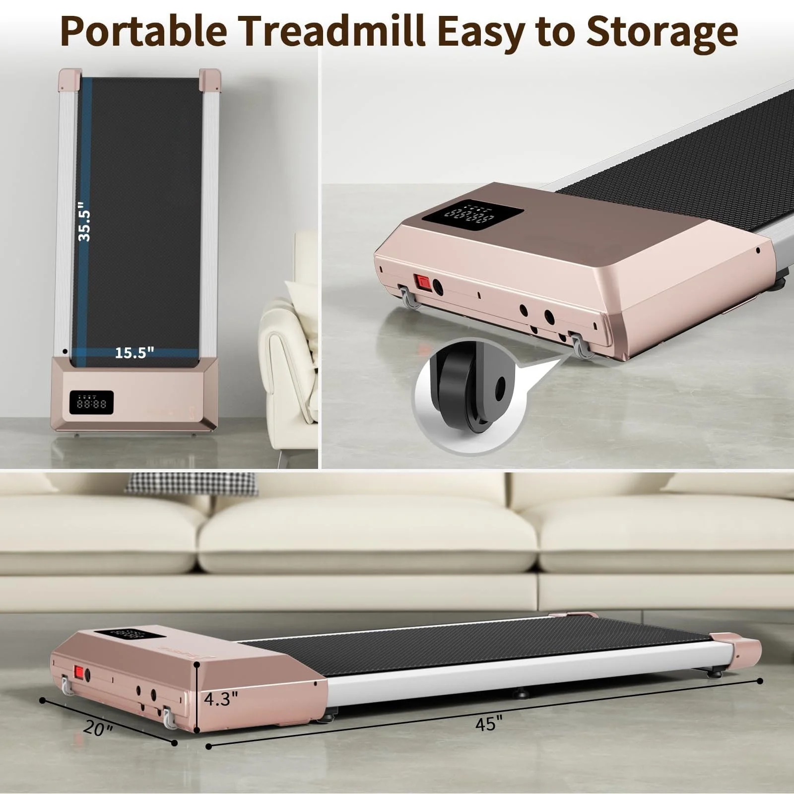 DeerRun Walking Pad Treadmill 2.5Hp, Ultra-Quiet with Remote Control-Under Desk Treadmill 2 in 1 Walking and Jogging with Remote Control LED Display(Pink)