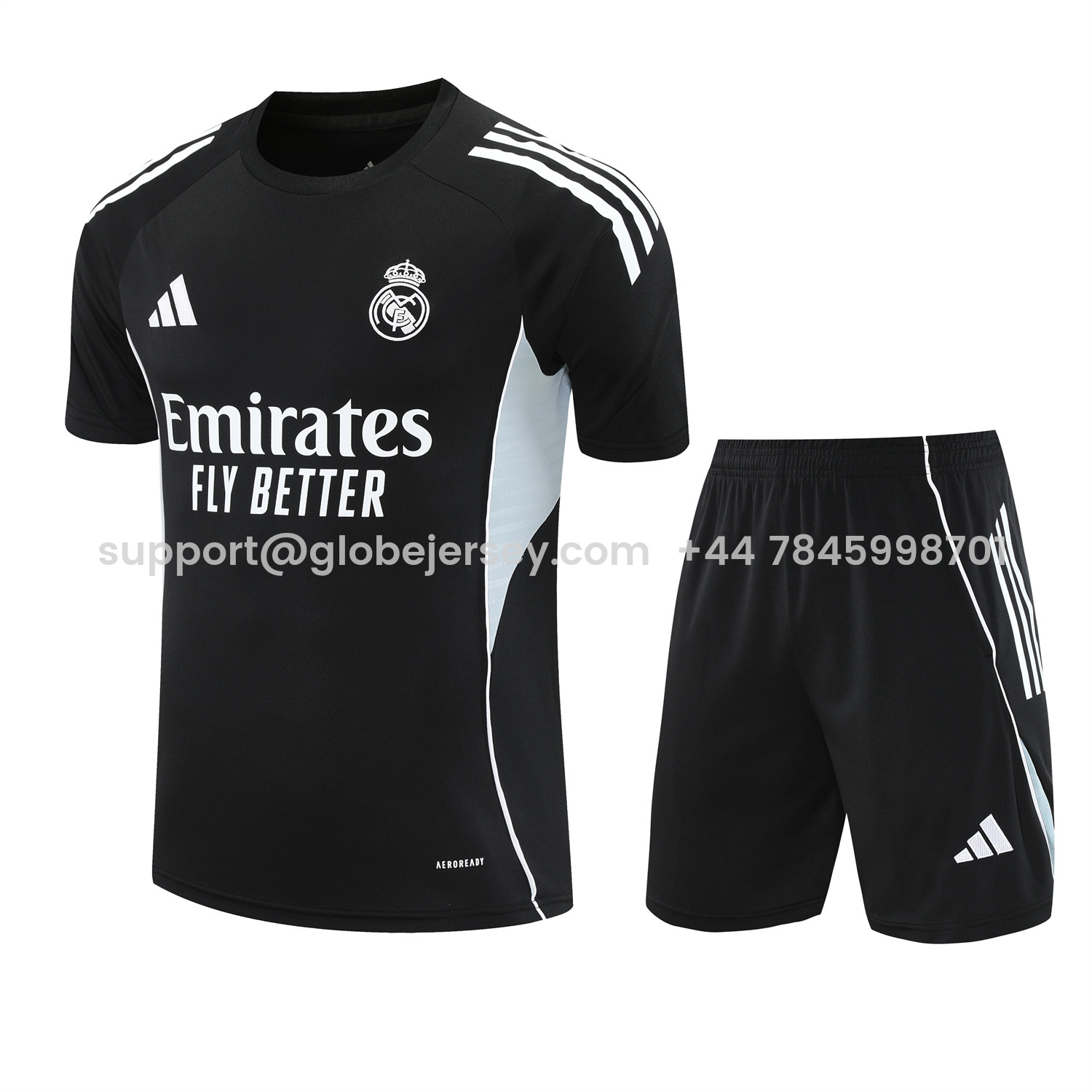 Real Madrid 25-26 Short-Sleeve Training Set - Light Grey Stripes Black Top & Black Shorts