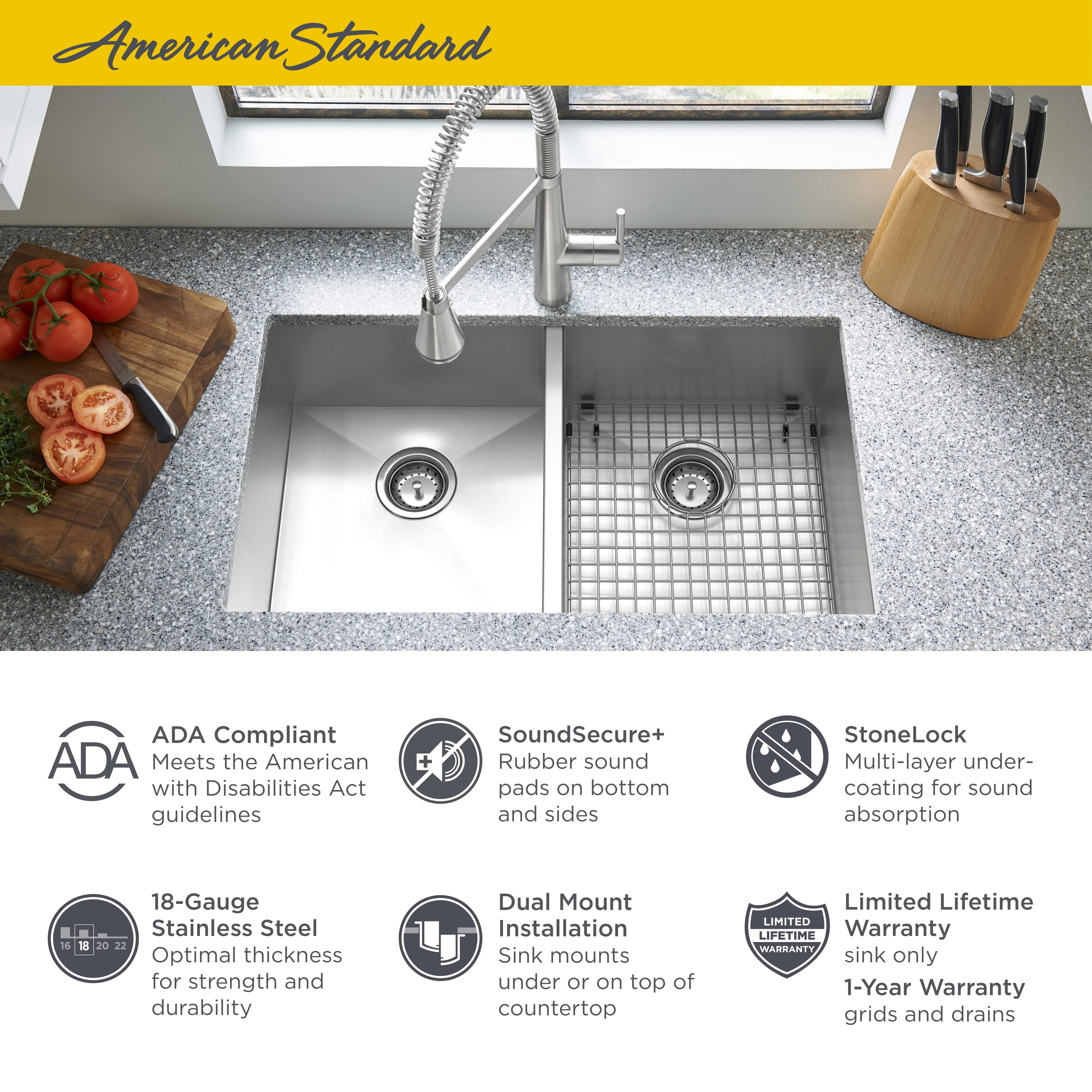 American Standard Edgewater 33-in x 22-in ADA Double Bowl Kitchen Sink in Stainless Steel