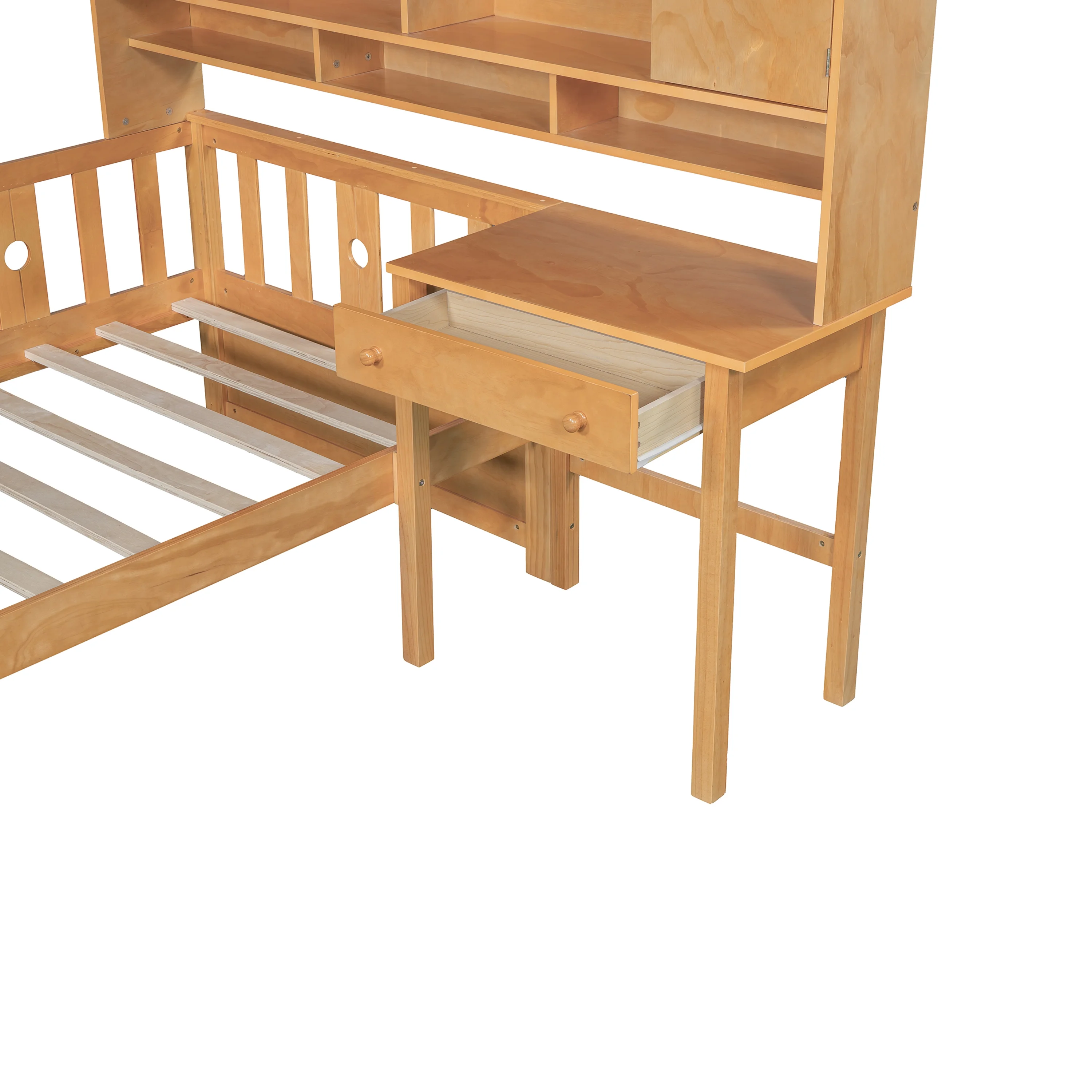 Euroco Wood Twin Size Platform Bed with Desk and Shelves, Table and Chair Set for Kids, Natural