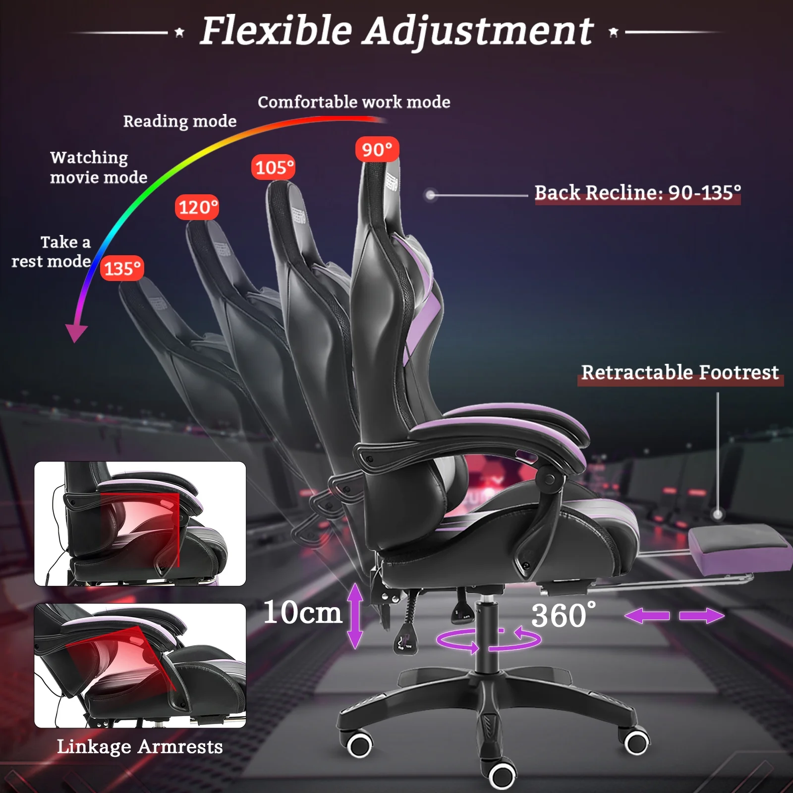 Hoffree Gaming Chair with Massage PU Leather Office Chair with Footrest and LED Light Ergonomic Gamer Chair Lumbar Support Adjustable Headrest High Back Computer Desk Chair for Home Office