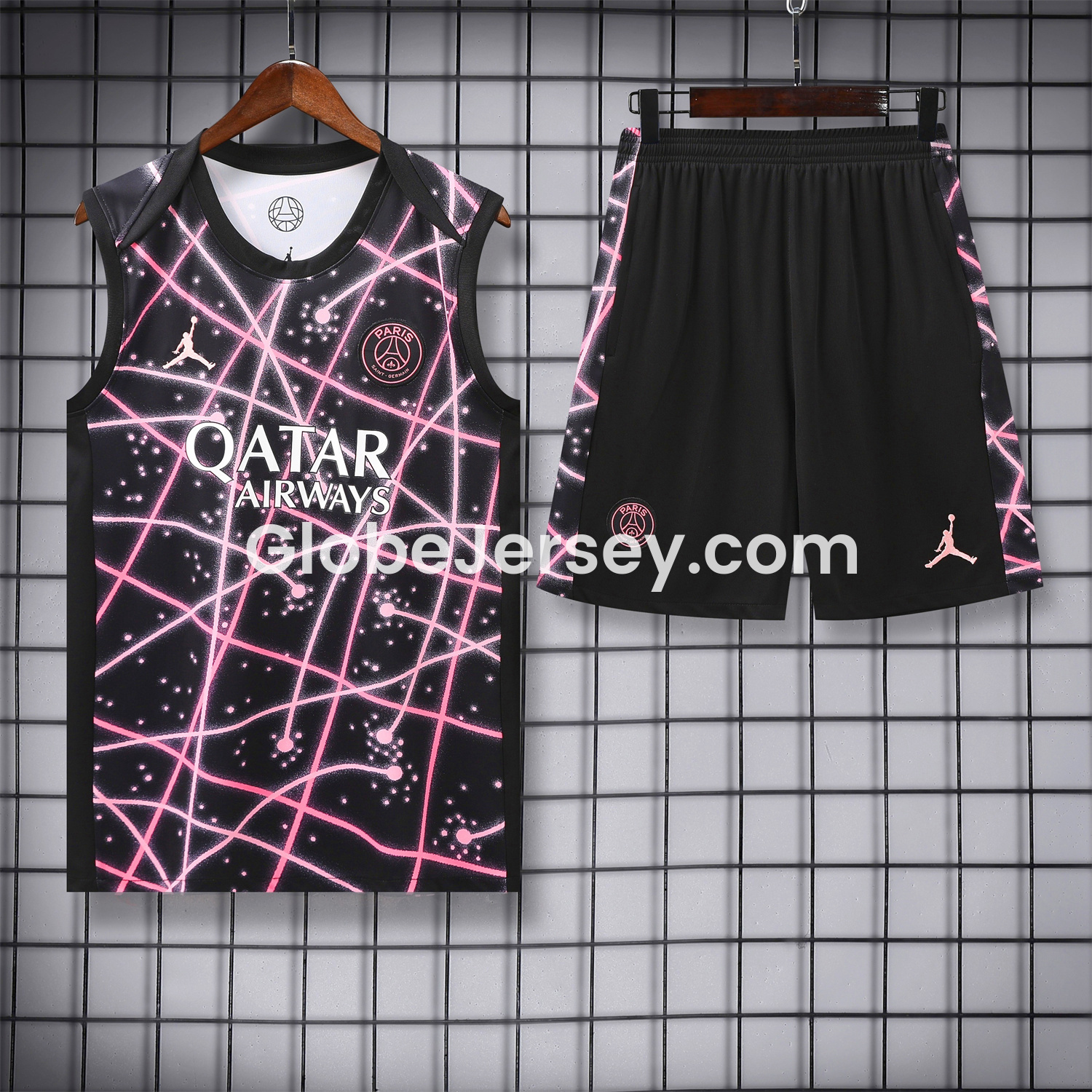 Paris Saint-Germain PSG 25-26 Vest Training Set - Pink Fluorescent Rays Black Vest & Black Shorts