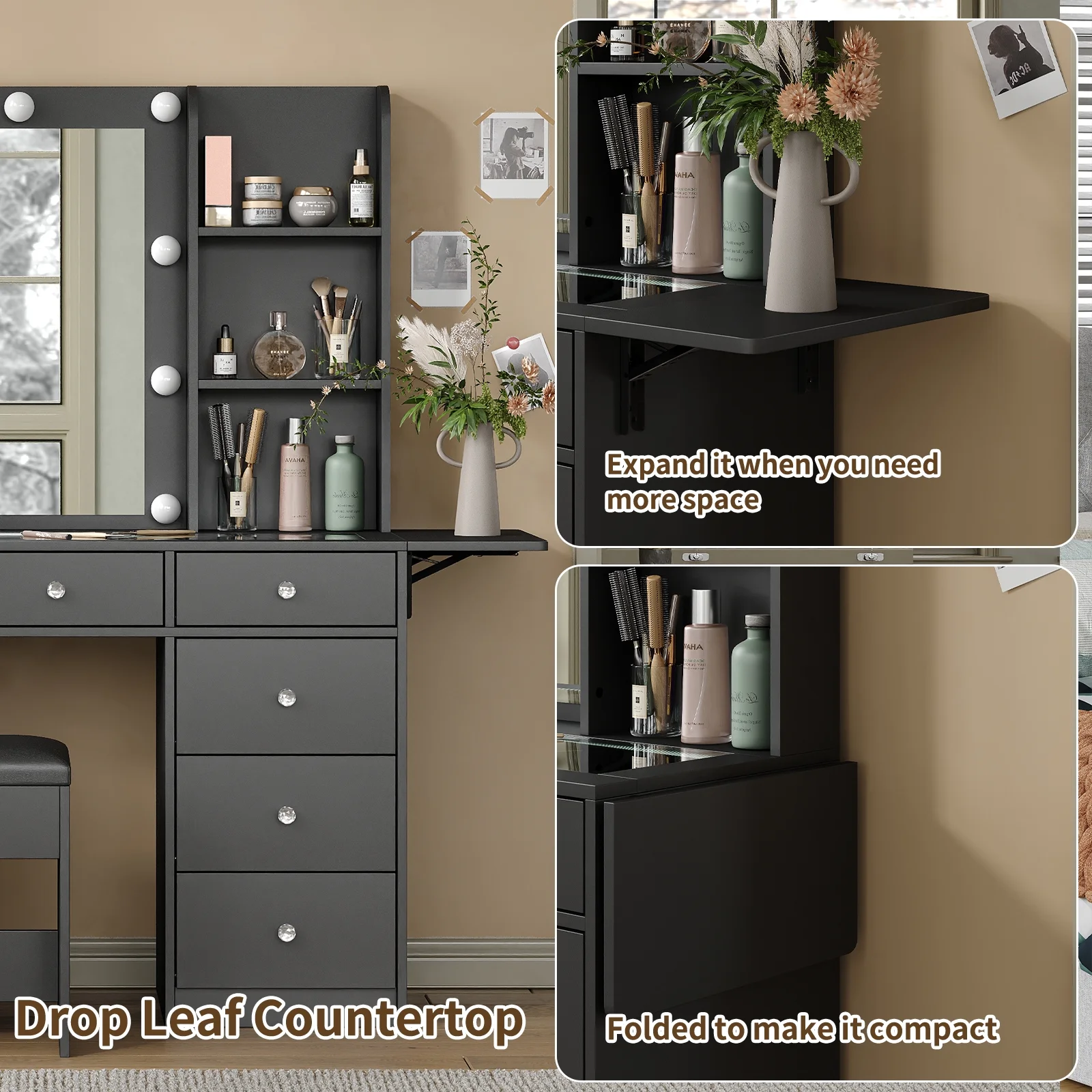 Yanosaku Vanity With Power Outlet, Vanity Desk With Mirror And 10 LED Lights, 10 Drawers Makeup Vanity With 6 Shelves, Fold-Up Panel, Vanity Table With Chair For Bedroom