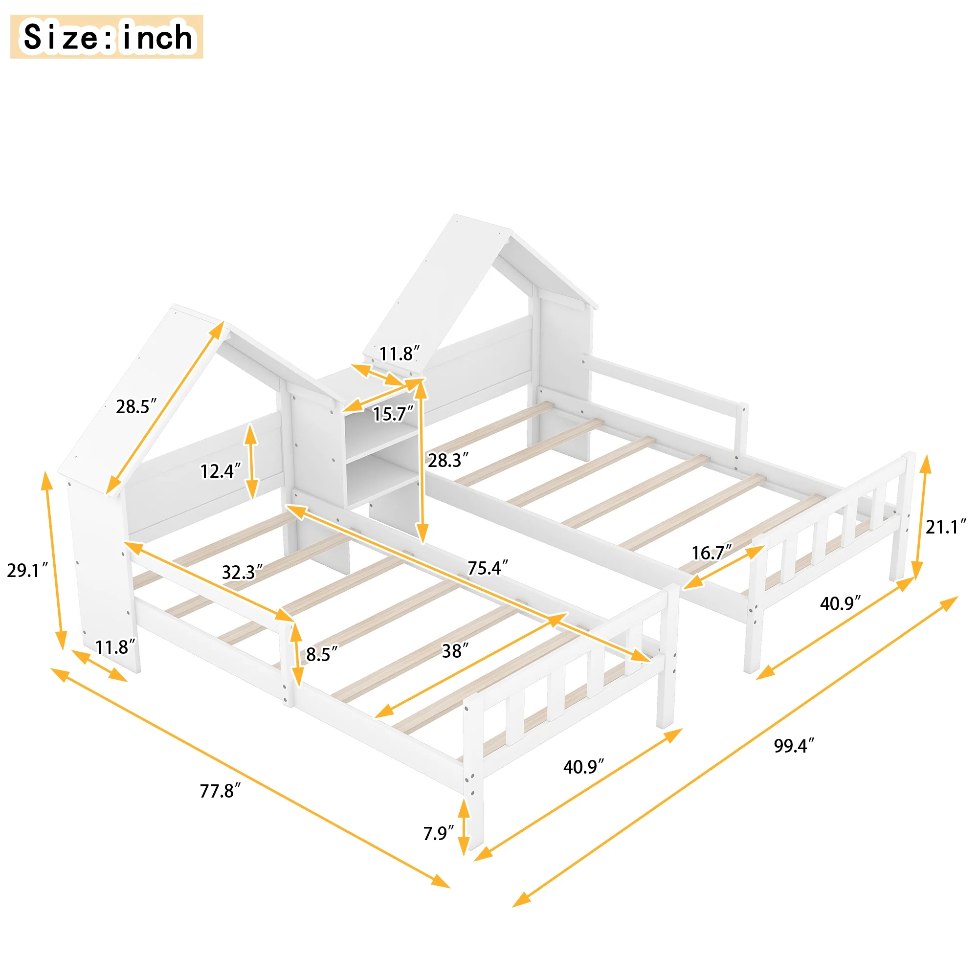 Euroco Twin Size Wood House Platform Bed, Two Beds in One with Desk and Shelf, 2 Platform Beds for More Kids Teens, Gray
