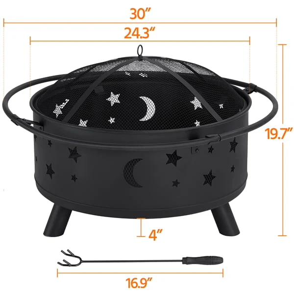 SMILE MART Iron Fire Pit Set Heating Equipment Camping Fire Bowl with Poker Mesh Cover for BBQ Backyard Patio Outdoor Fireplace Black