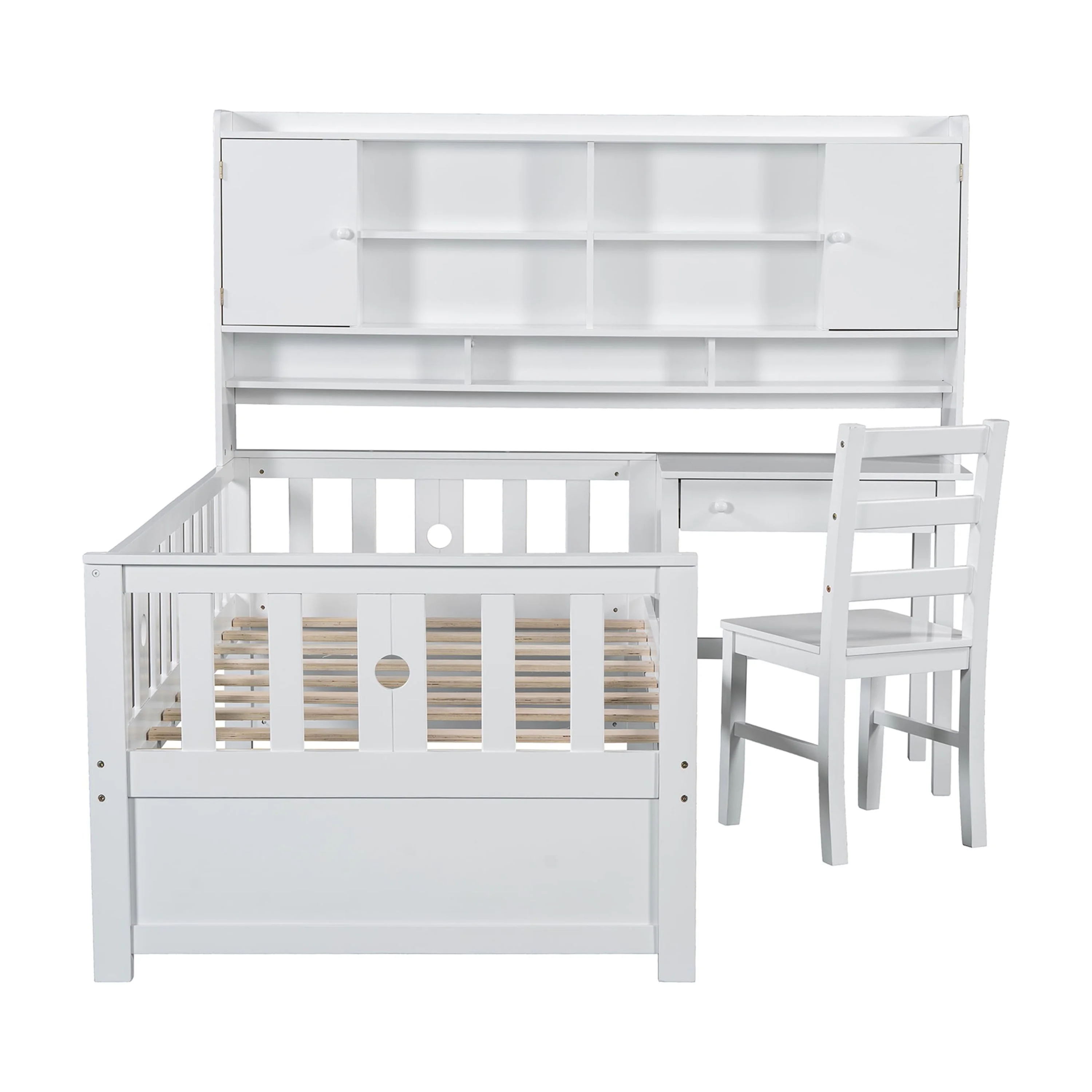 Euroco Wood Twin Size Platform Bed with Desk and Shelves, Table and Chair Set for Kids, Natural
