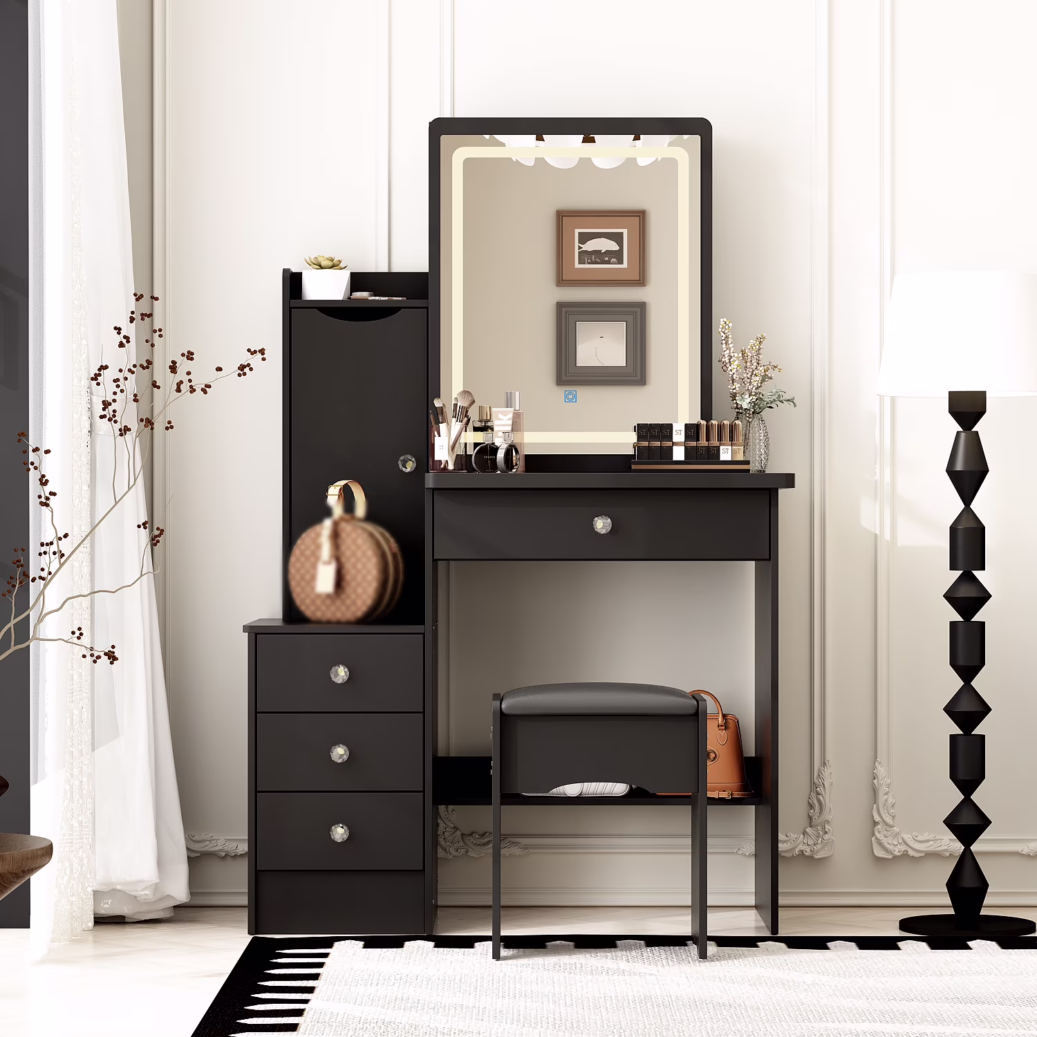 MONSLIPA Makeup Vanity Desk Set w/ Light, Sturdy Dressing Vanity Table with Bench, Shelves & Drawers