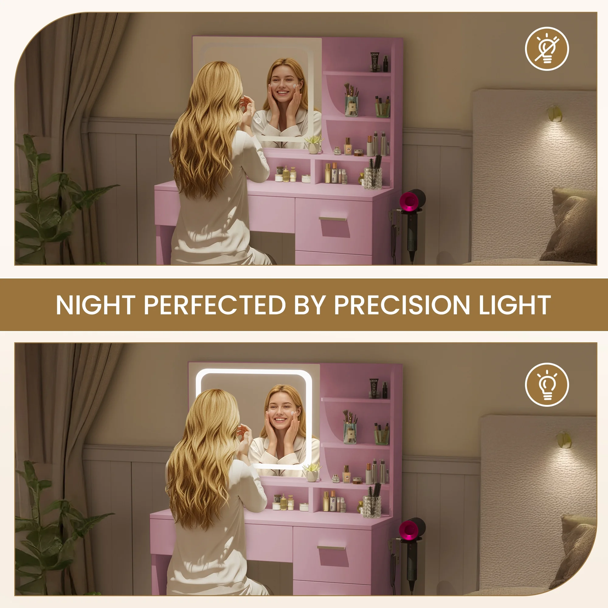 LIVELYGLOW Vanity Desk with Mirror and Lights, Makeup Vanity with Drawer & Storage Shelves, Cabinet, 3 Lighting Modes Adjustable Brightness,White
