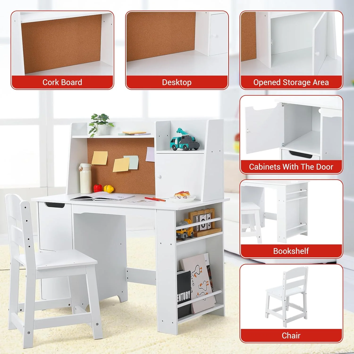 Wpond Kids Desk and Chair Set, Wooden Children Study Table with Storage, Bulletin Board, Student Computer Workstation Writing Desk for Kids Bedroom, School, White