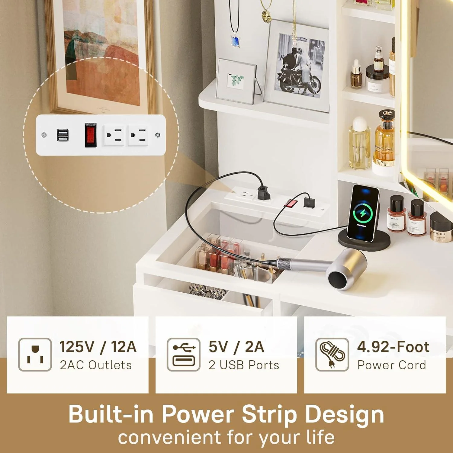 AOGLLATI Makeup Vanity with Lights in 3 Colors, White Vanity Desk with Mirror and Lights, Vanity Table with Charging Station, Makeup Desk with Visible Drawers, Hidden and Open Storage Shelves