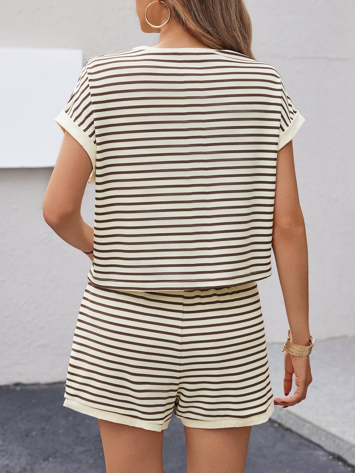 Tankaneo Womens Summer 2 Piece Sets Striped Short Sleeve T Shirts and Shorts Loungewear Matching Set Coffee