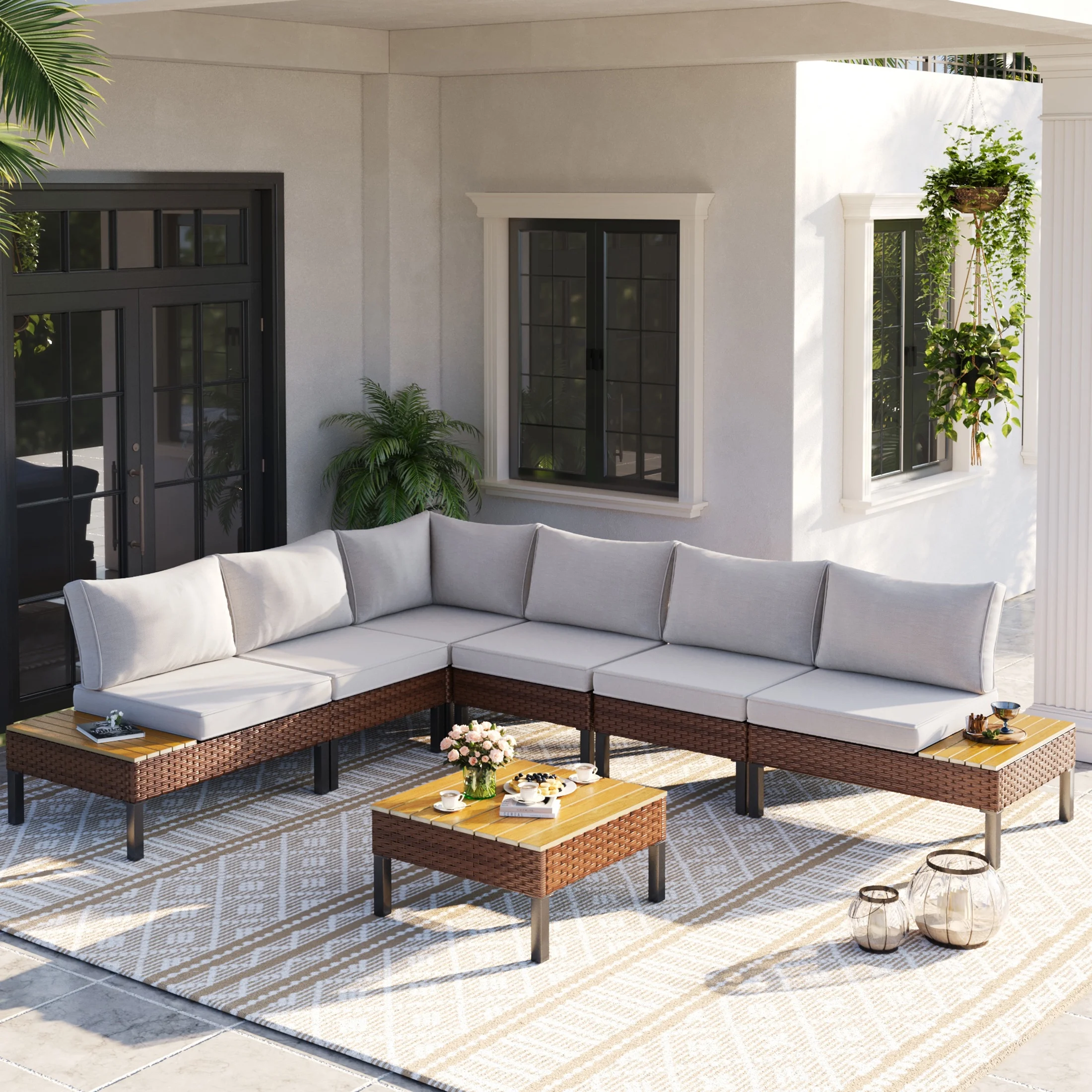 Poteban 5-piece Rattan Outdoor Patio Sofa Set,L-Shaped Sectional Sofa Couch with Coffee Table for Backyard,Lawn,Garden,Navy Blue