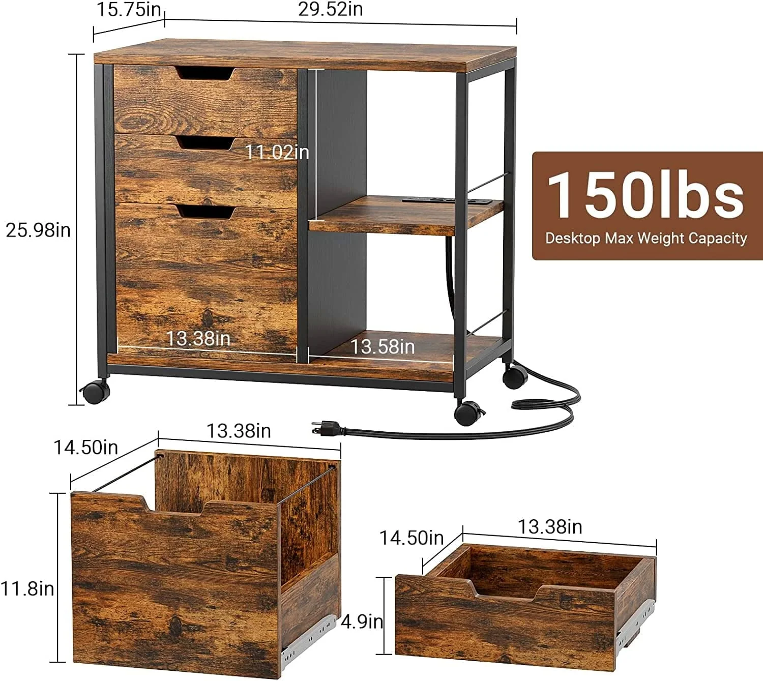 YaFiti File Cabinet, Wooden Rolling File Cabinet with Socket USB Charging Port, Lateral Filing Cabinet Organizer for Home Office , Rustic Brown