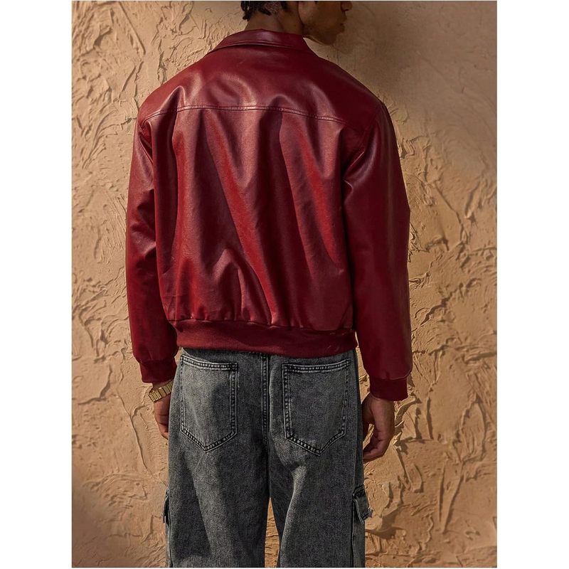 Men's Leather Jacket Zip Up Collared Bomber Jackets with Pockets