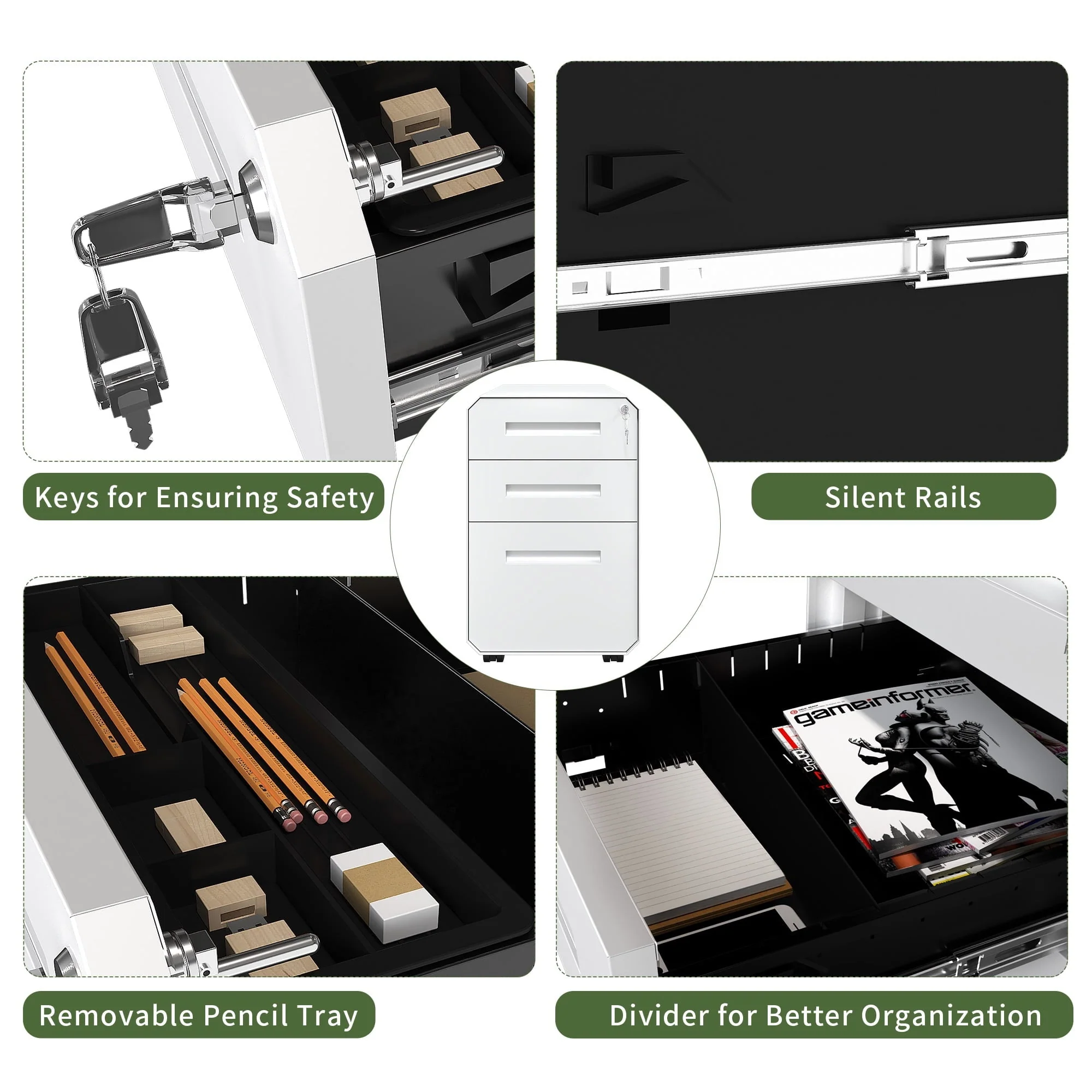 Dextrus 3-Drawer Filing Cabinet Office Drawers with Lock, Divider and Pencil Tray, Portable Metal File Cabinet, Pre-Built Office Storage Cabinet (White)