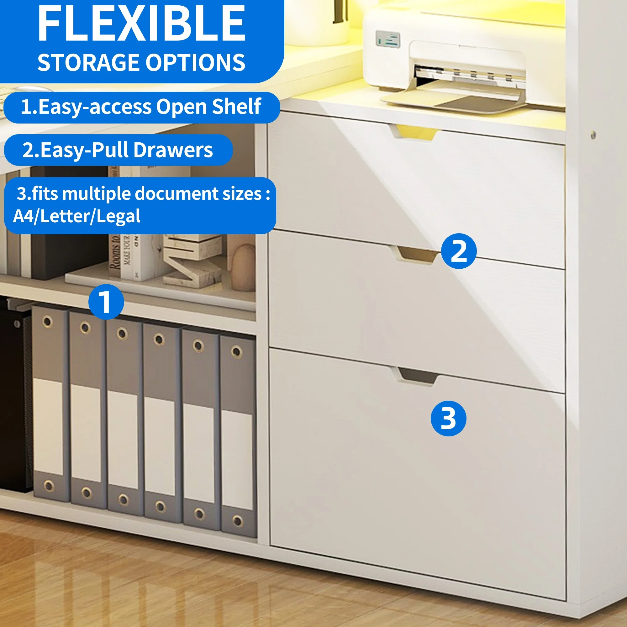 Dextrus L Shaped Desk with Power Outlets & LED Lights, Computer Desk with 3 Drawers and 3 Storage Shelves, White Office Desk Corner Desk for Home Office