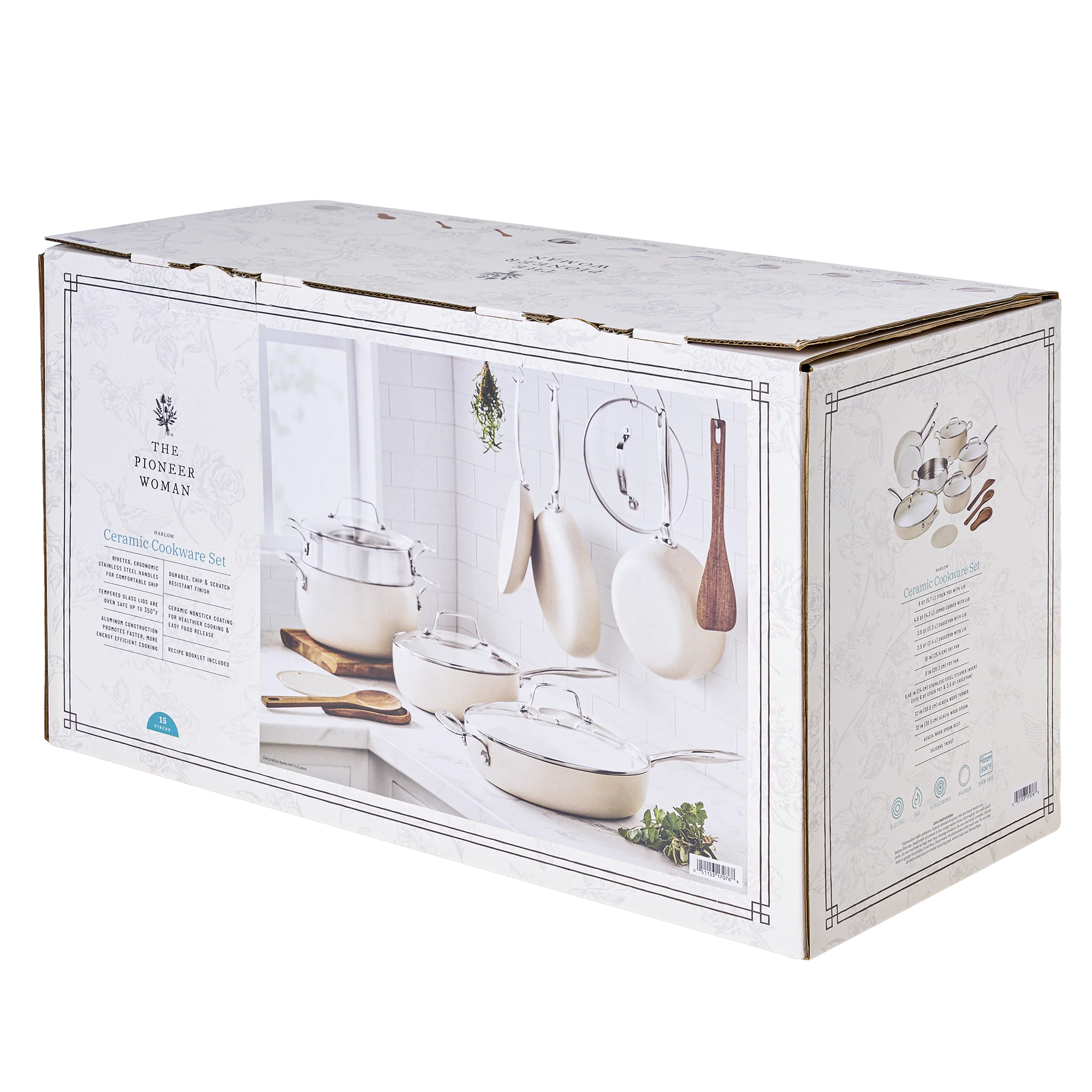 The Pioneer Woman Harlow 15-Piece Cookware Set, Ceramic Non-Stick Pots and Pans Set, Taupe