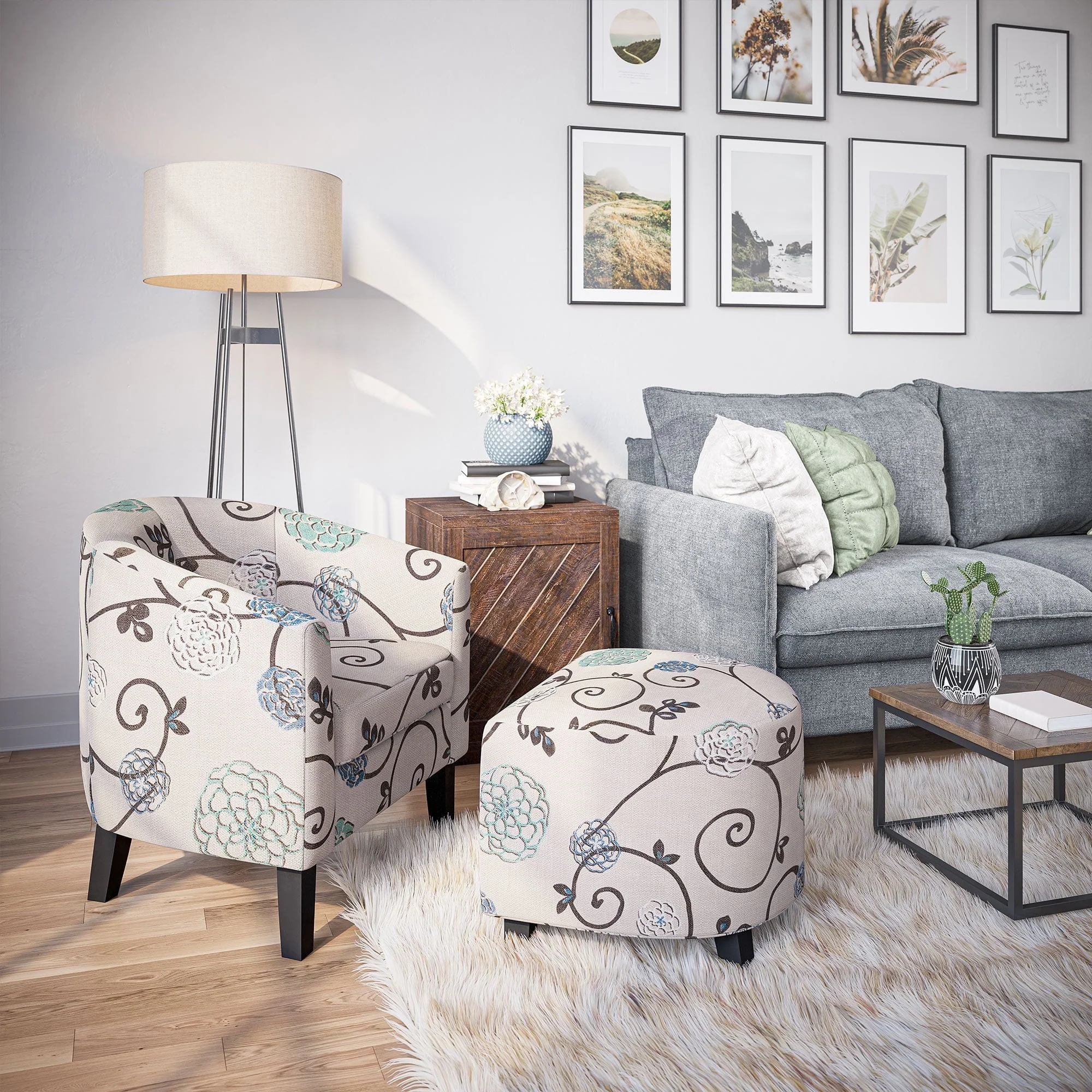 BELLEZE Accent Club Chair with Ottoman - Lydia (Floral Beige)