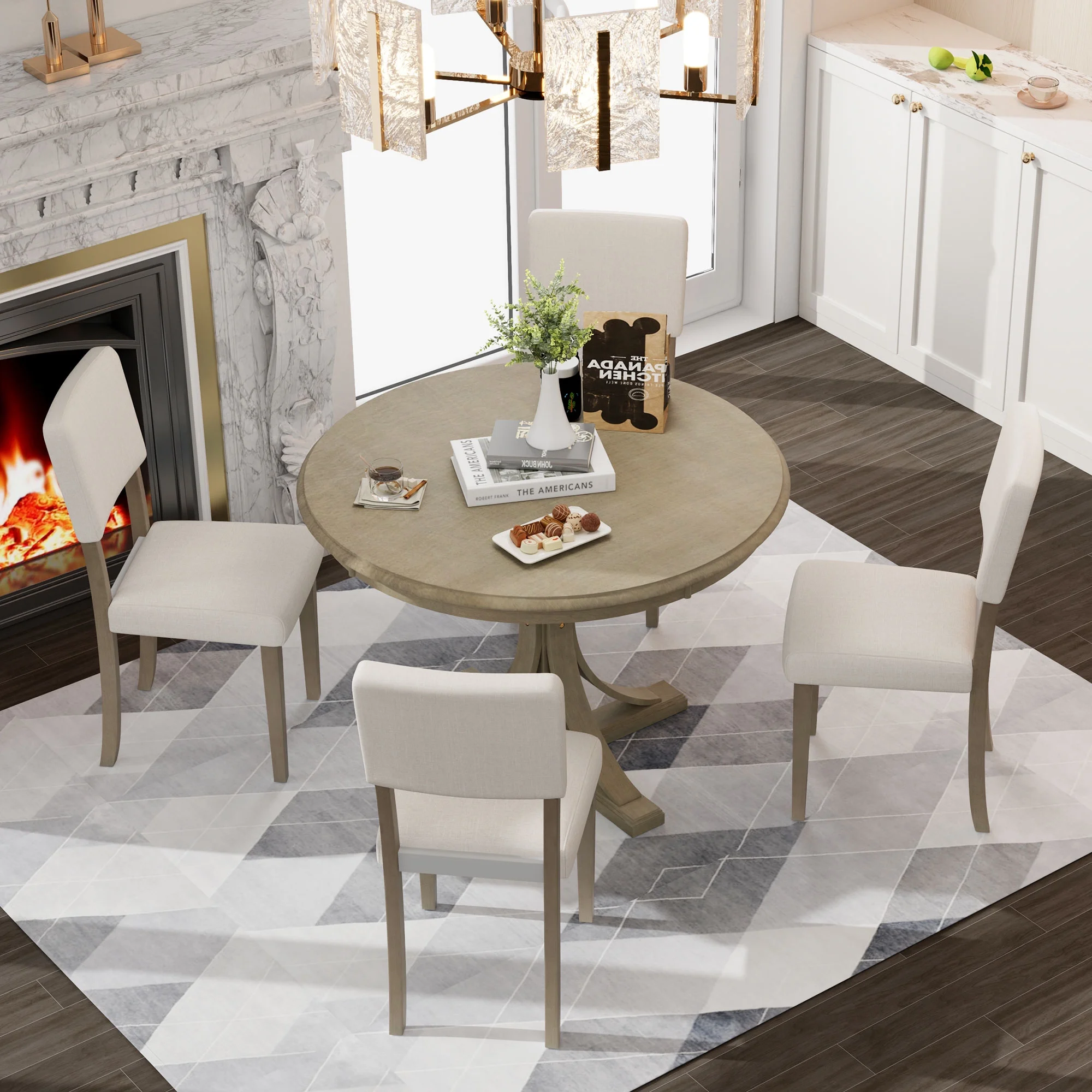 Retro Style 5 Piece Dining Set Kitchen Table Set with Curved Trestle Style Table Legs and 4 Upholstered Chairs, Table Set for 4 Persons Dining Room Table Set for Small Place