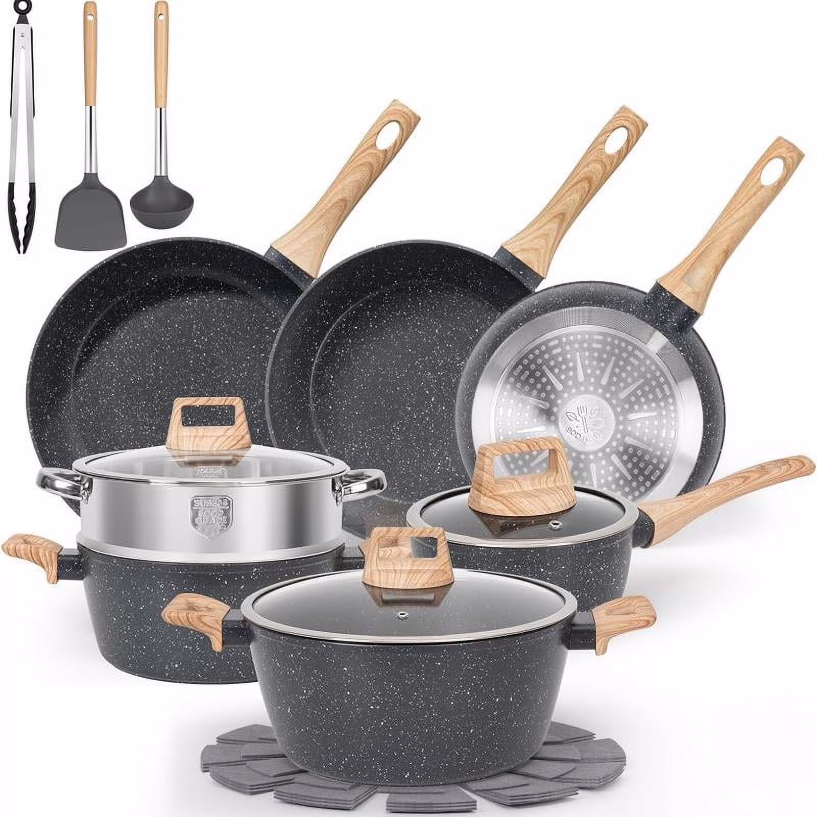 12pcs Pots and Pans Set Non Stick Kitchen Cookware Sets Induction Cookware Nonstick Granite Cooking Set with Frying Pans, Saucepans, Steamer