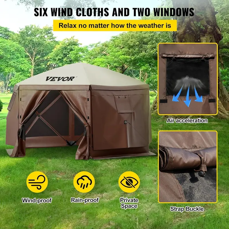 12′ x 12′ Hexagonal Camping Awning Tent — IPX3 Waterproof. Mesh Ventilation. Portable Storage Bag