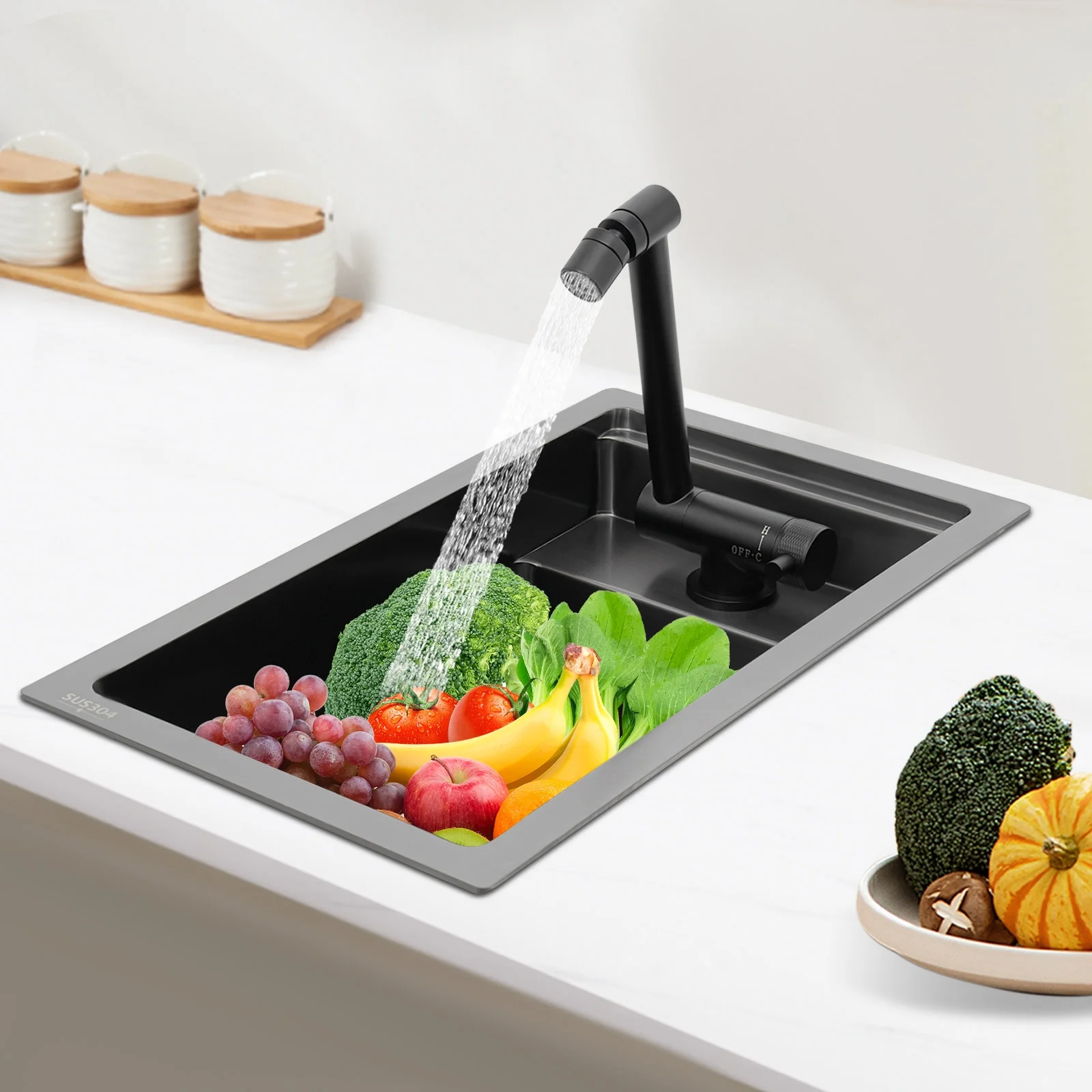 Modern Drop in Bar Sink, Single Bowl Kitchen Sink with Foldable Faucet, Black Nano 304 Stainless Steel Utility Sink for Compact Kitchen Commercial Hotel RV Laundry