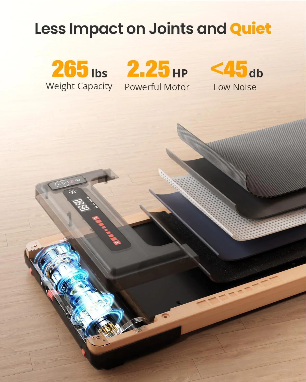 Sunnyroad 2.5HP Walking Pad Wood Under Desk Treadmill , Portable Mini Treadmill with Remote Control, Bluetooth, 265lbs Capacity, Installation-Free Jogging Machine for Home/Office