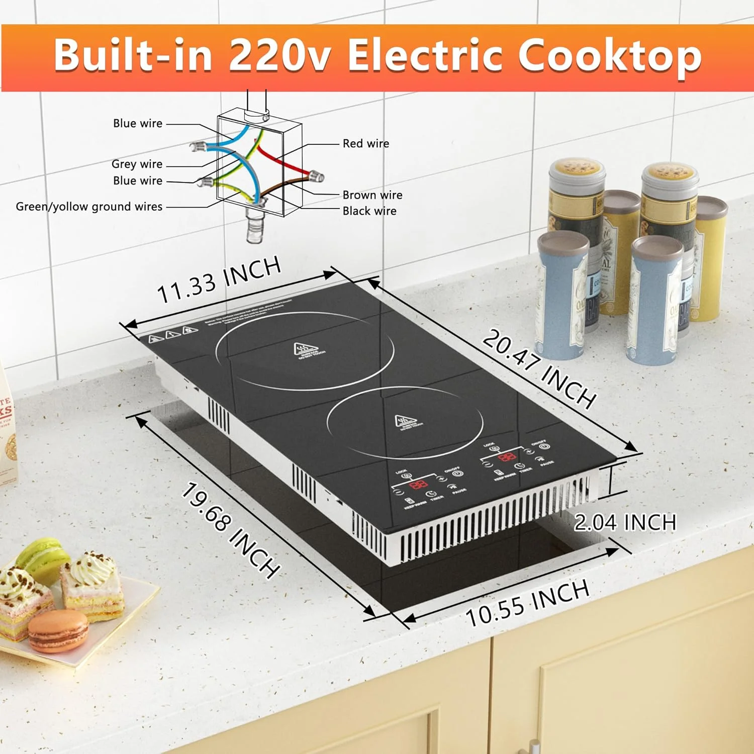 2 Burner Electric Cooktop, 12 Inch Electric Stove Top, Built-in Electric Cooktop with Sensor Touch Control, Timer & Child Lock Included,Keep Warm,9 Power Levels, 3000W, 220V-240V Hard Wired (No Plug)