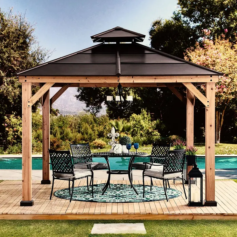 10′ x 10′ Cedar-Framed Hardtop Gazebo – Steel Two-Tier Hip Roof. Rust-Resistant Construction
