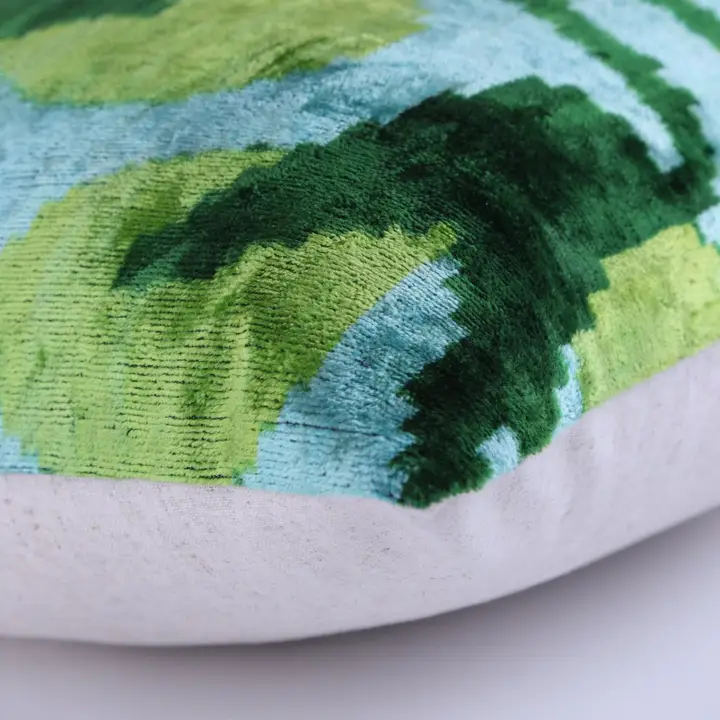 Green & Aqua Ikat Velvet Pillow – 16x16” | Handmade Silk Lux