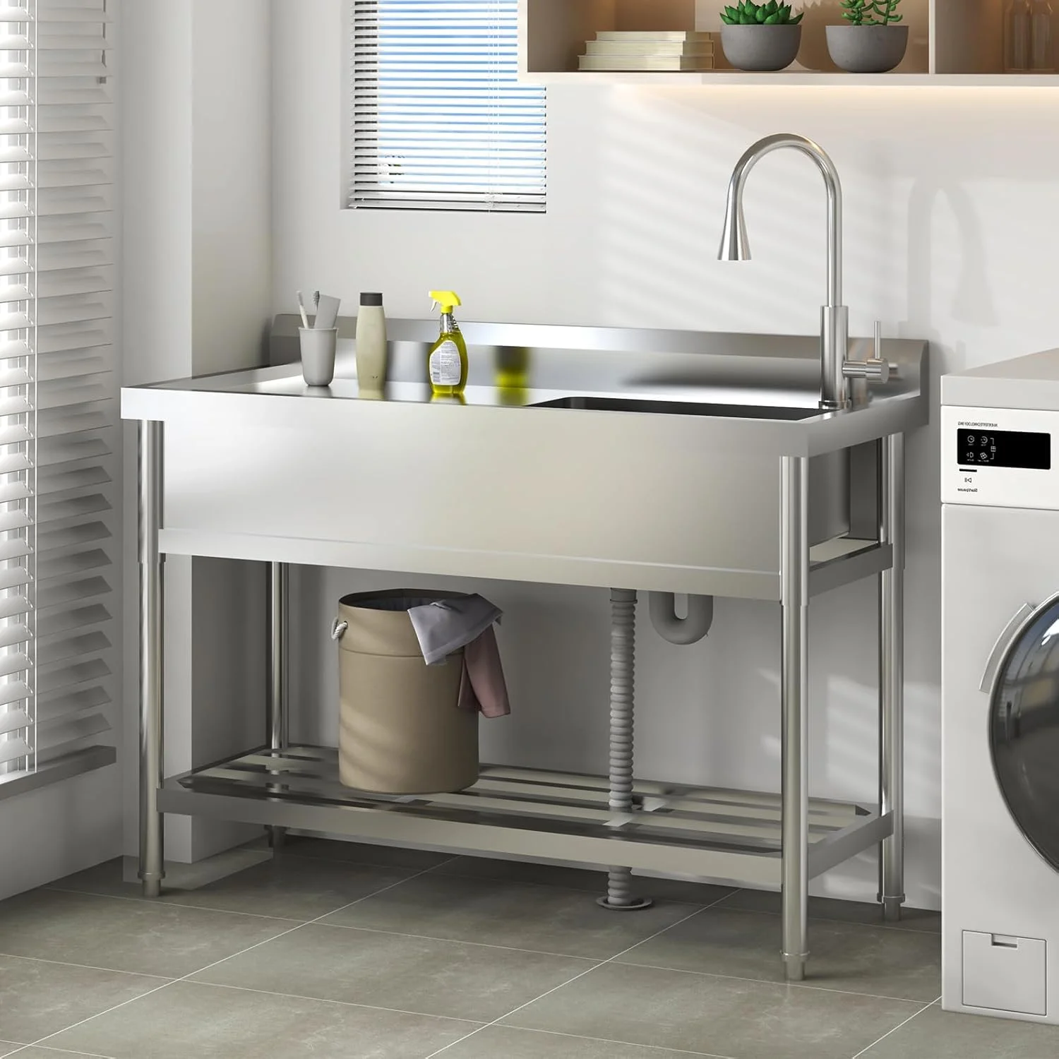 TROPOW 24x20x42 Inch Stainless Steel Utility Sink, Freestanding Single Bowl with Cold and Hot Water Hose and Faucet, Commercial Sink Kitchen Sink for Restaurant Laundry Room Bathroom Garage Garden