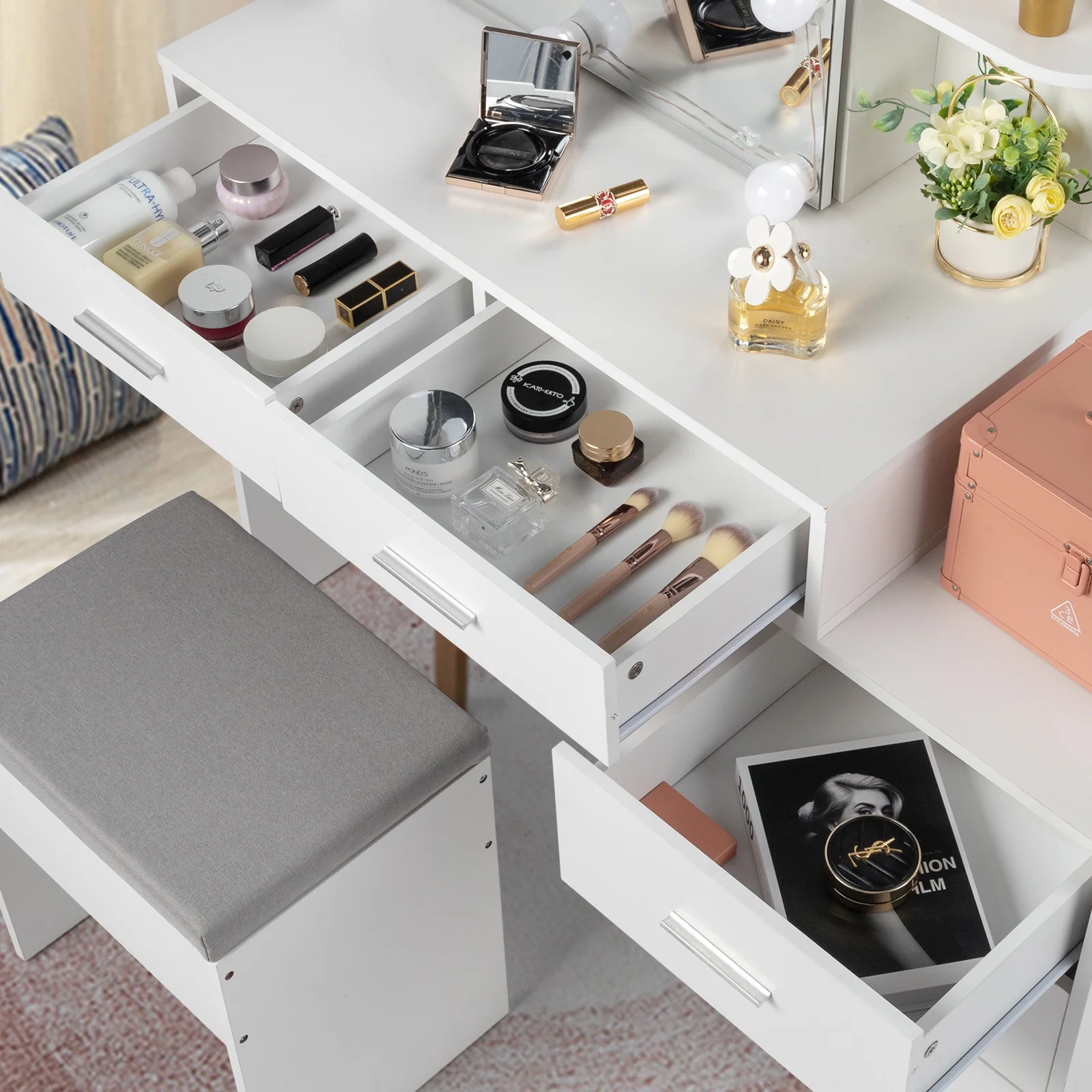 Makeup Vanity with Mirror Cabinet, Lighted Makeup Vanity Desk Set with 2 Shelves, 5 Drawers, 3-Color Light Adjustment, Dressing Table Set for Girl, Women, Princess
